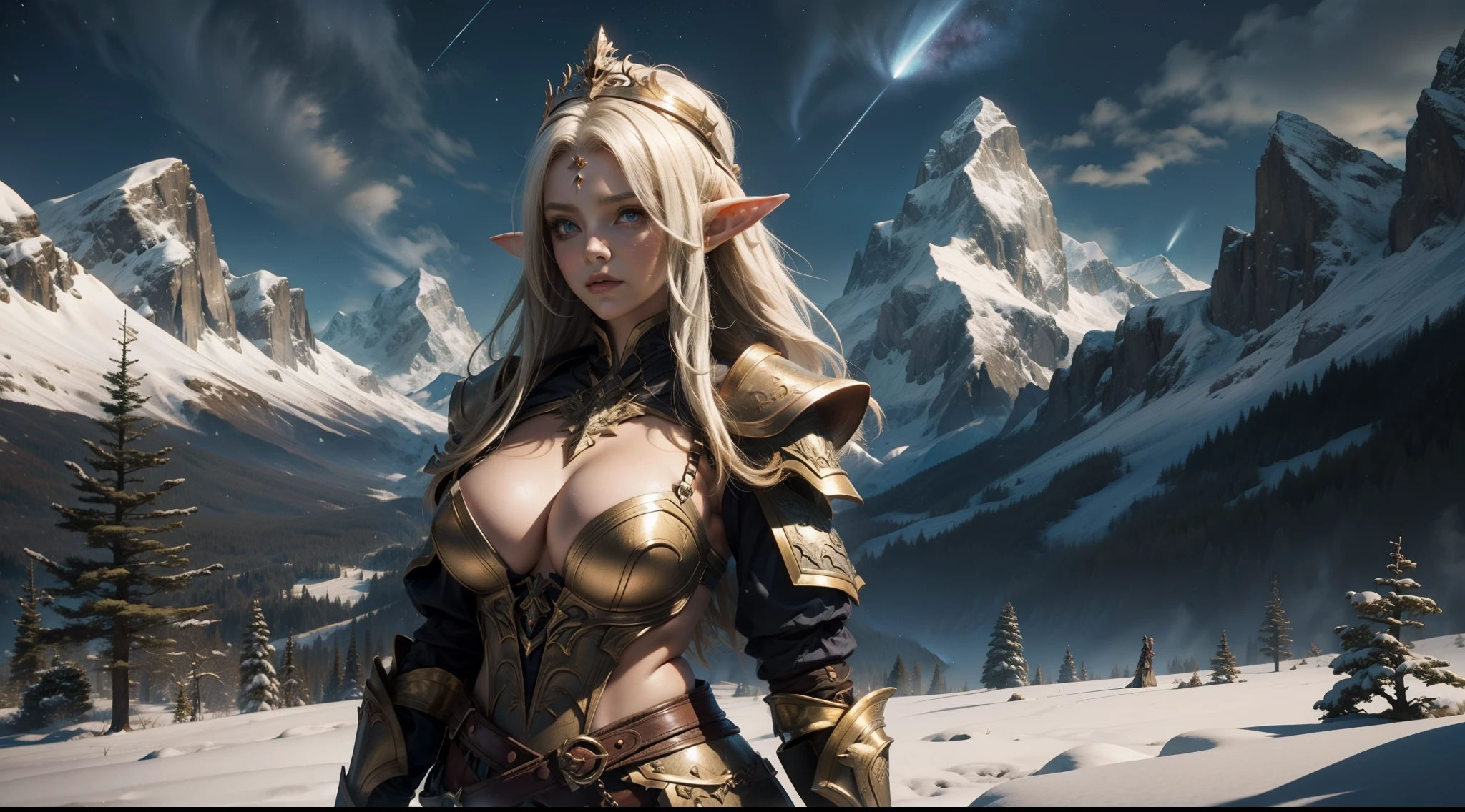 Female elf,Large breasts,upperbody shots,dramatics,Armour,Snow-capped mountains in the background,starrysky,meteors,magia