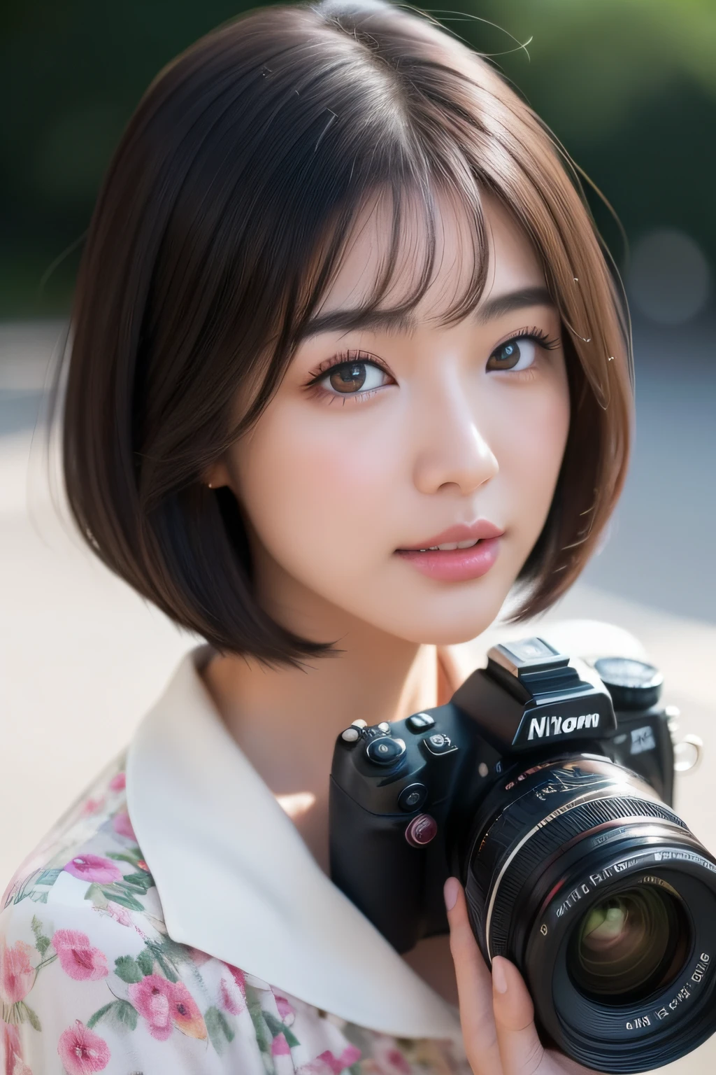 ｛｛surrealistic｝｝Natural lighting、｛cameraman｝（I have a SLR camera.）
（In the street、（Cute woman holding camera in the city））
（intricate-detail、Sharp Focus、proffesional、Photorealsitic、top-quality、Live Action、8K、
（（｛realisitic、Real Human｝）portlate、photorealisim、）、
（a beauty girl、Japanese high school  girl、18year old、1 girl in、独奏、（Excellent style、（de pele branca、A slender 、udder of moderate size,:3.2、））
ulzzang -6500-v1.1, 
（hyperdetailed face、（very detailed lips、round and detailed eyes、二重まぶた、Moist eyes、Delicate eyebrows、））
（hairstyle on、（bob cuts、A dark-haired、Smooth hair、shinny hair、bob、））、 
（Female atmosphere、（unclear、Attractive woman、Healthy、charmed、glamor、Shyness、glad、kawaii、waking up、Good aroma、））、 
（garments、lo fashion、（（dressing gown、Cute clothes、unclear、kawaii、stylish、））（become、silk、Healthy、ren、））
（frontage（SLR（Looking through the viewfinder, the lens is facing this way.））
Nikon Z 85mm、(Raw foto:1.2)