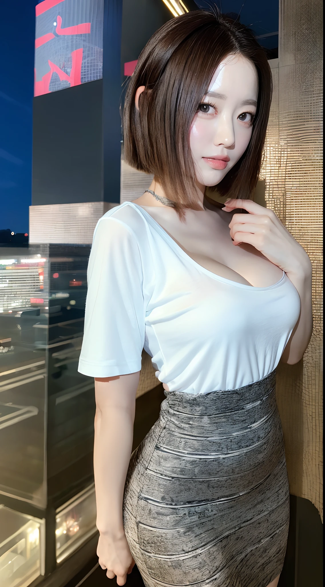 ((Midnight, Best quality, 8k, Masterpiece :1.3)), Whole body, Long legs, Sharp focus :1.2, A pretty woman with perfect figure :1.4, Slender abs :1.1, ((Dark brown hair,Gigantic breasts :1.2)), (White tight tshirt, Jean bib, Standing:1.2), ((Night city view, Rooftop:1.3)), Highly detailed face and skin texture, Detailed eyes, Double eyelid