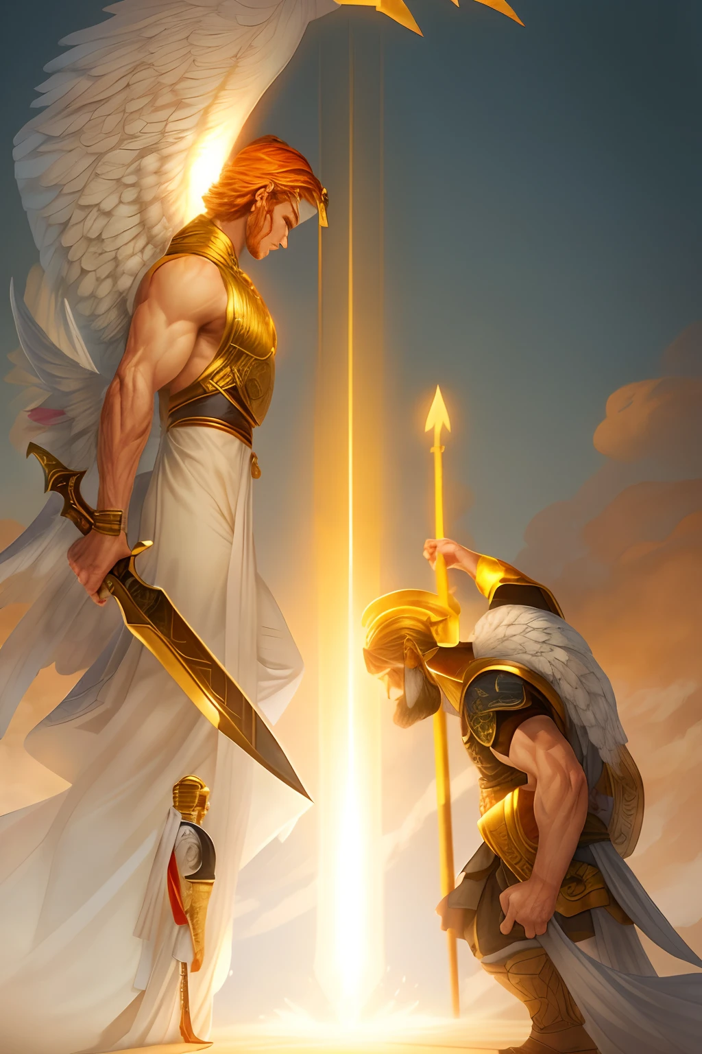 Ultra resolution 8K, Extraordinary resolution, Beautiful and impressive illustration, un adolescente de pie frente a un gigante, gigante musculoso (casco y lanza: 1.7), Guerrero, Warrior Prince, Guardian Angel (espada en la mano: 1.7), cuidando al adolescente, White and gold quality lighting, escena de fondo de batalla
