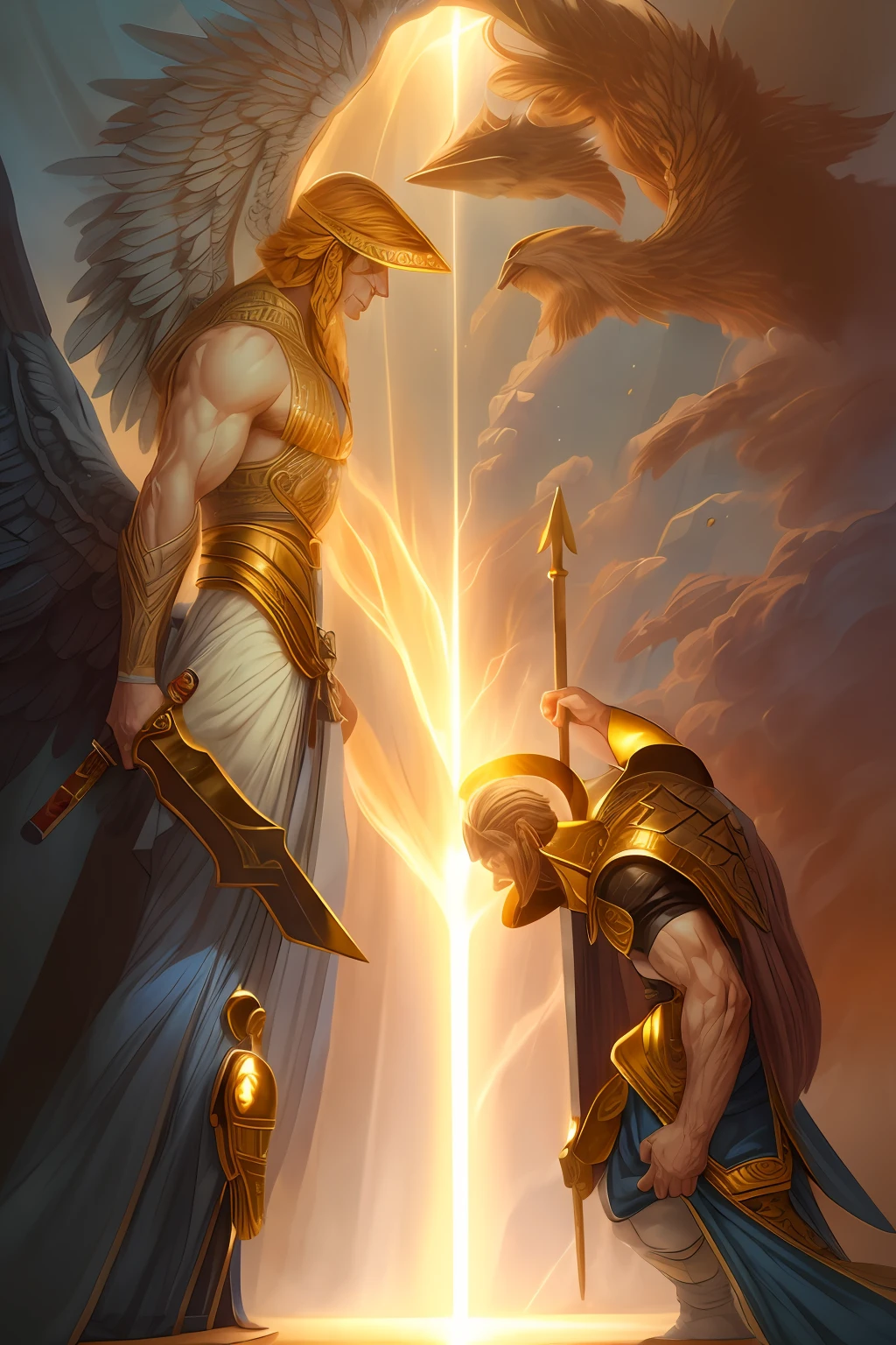Ultra resolution 8K, Extraordinary resolution, Beautiful and impressive illustration, un adolescente de pie frente a un gigante, gigante musculoso (casco y lanza: 1.7), Guerrero, Warrior Prince, Guardian Angel (espada en la mano: 1.7), cuidando al adolescente, White and gold quality lighting, escena de fondo de batalla