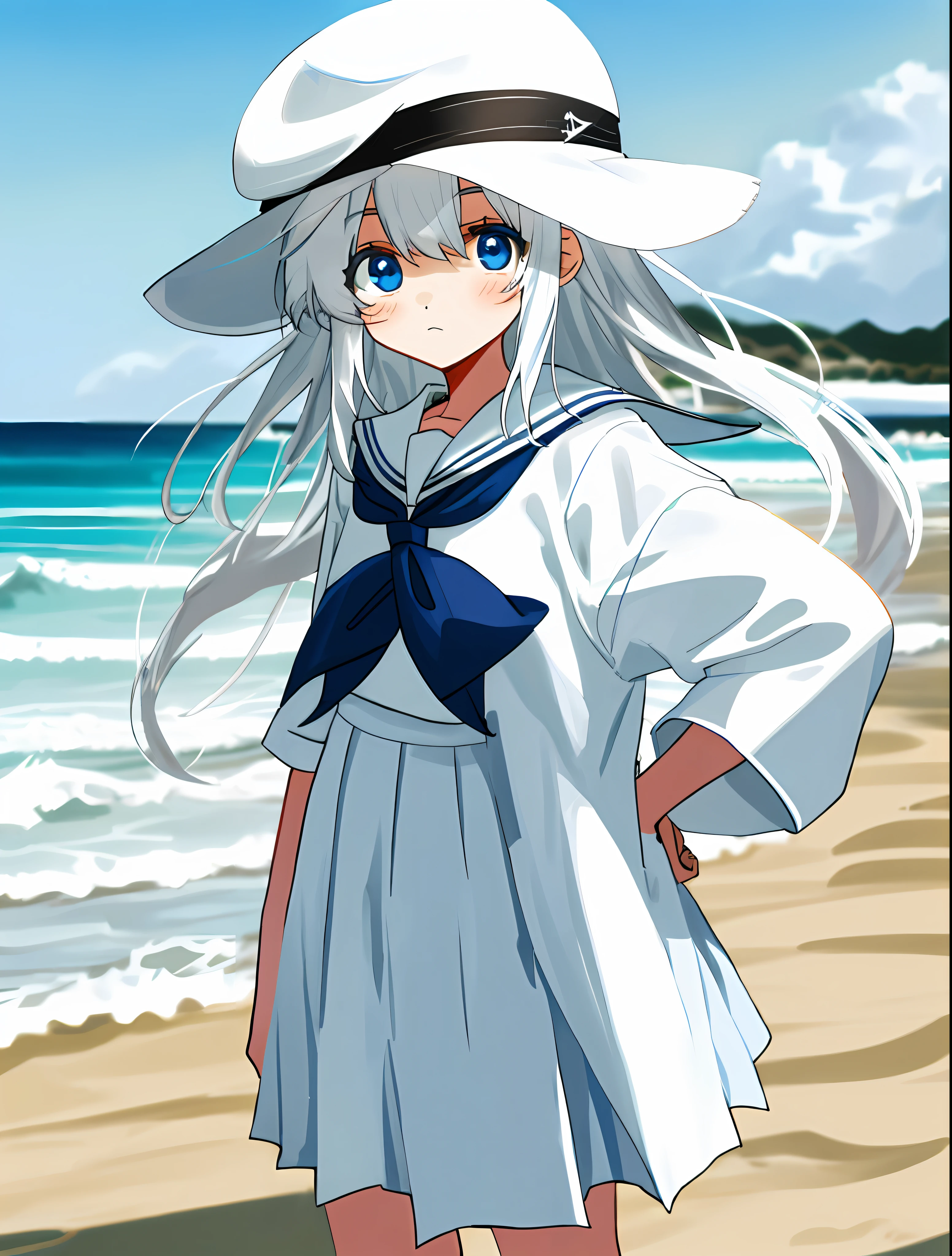 Venue beach,schoolgirls,white color hair,eBlue eyes,white clothes,It's cute,Wear a white hat on the head