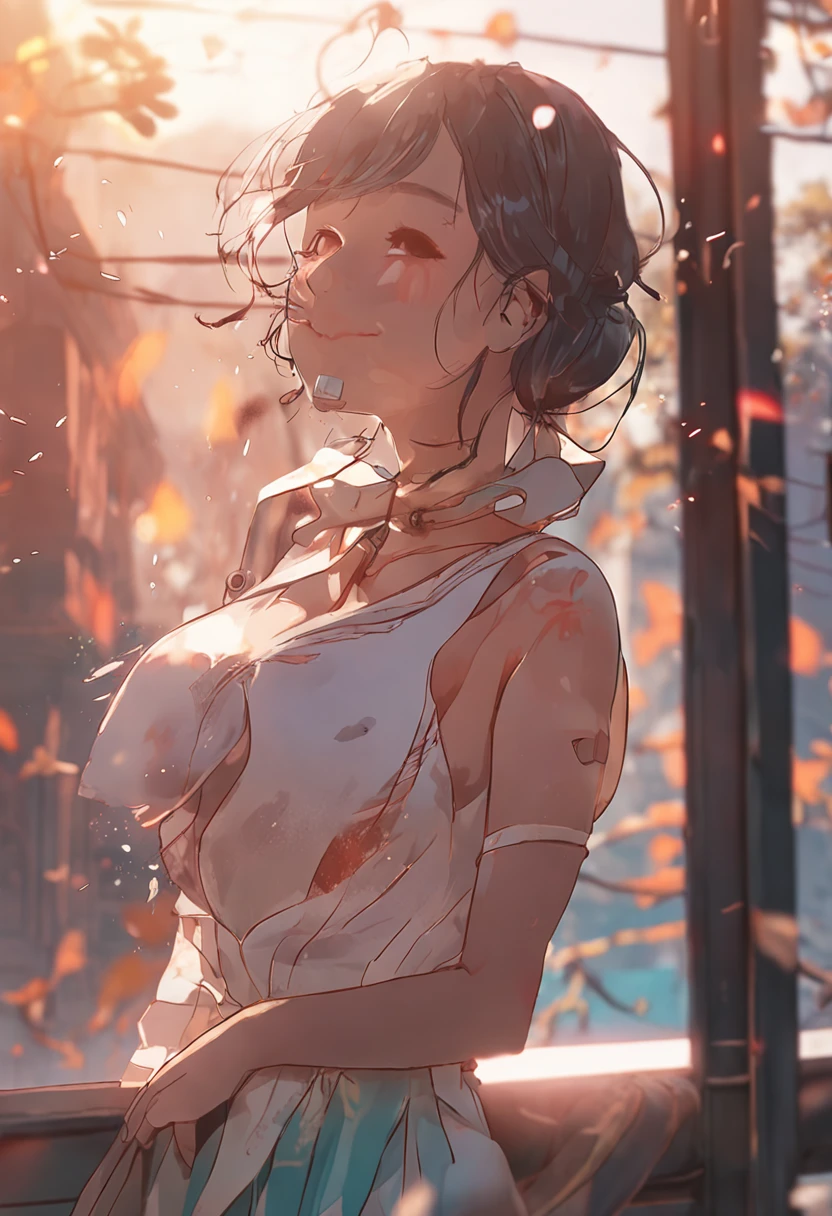 tmasterpiece, Need, portrait, hyper-detailing, illustration, closeup cleavage, Gorgeous background, Shoot straight，cinematic Film still from，1girl，Cloud Girl，Floating in the sky，closeup cleavage，brightly，cheerfulness，Warm and soft lighting，the sunset，Portrait of Naxida\（genshin impact\）