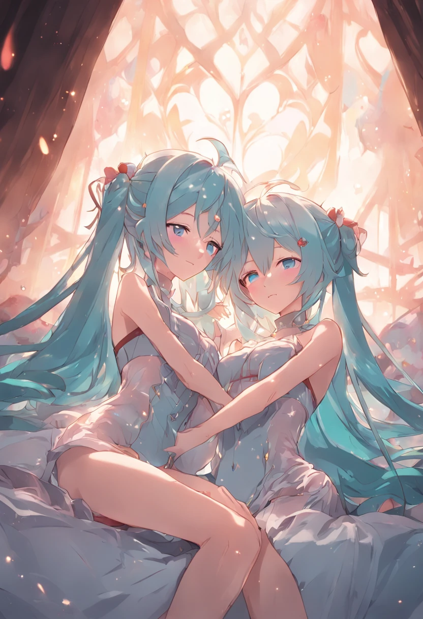 (twogirls)、(Pink long-haired Megurine Luca),、(Hatsune Miku with twin tails and light blue hair,、Slender body,、(A seductive anime girl)、Beautiful style、beautiful alluring anime woman、kindly smile、Masterpiece Portrait、Glowing blue eyes、(Transparent dress with luxurious decoration)、(Longer dress)、Sleeping in bed, NSFW、(Show your nipple:0.9),