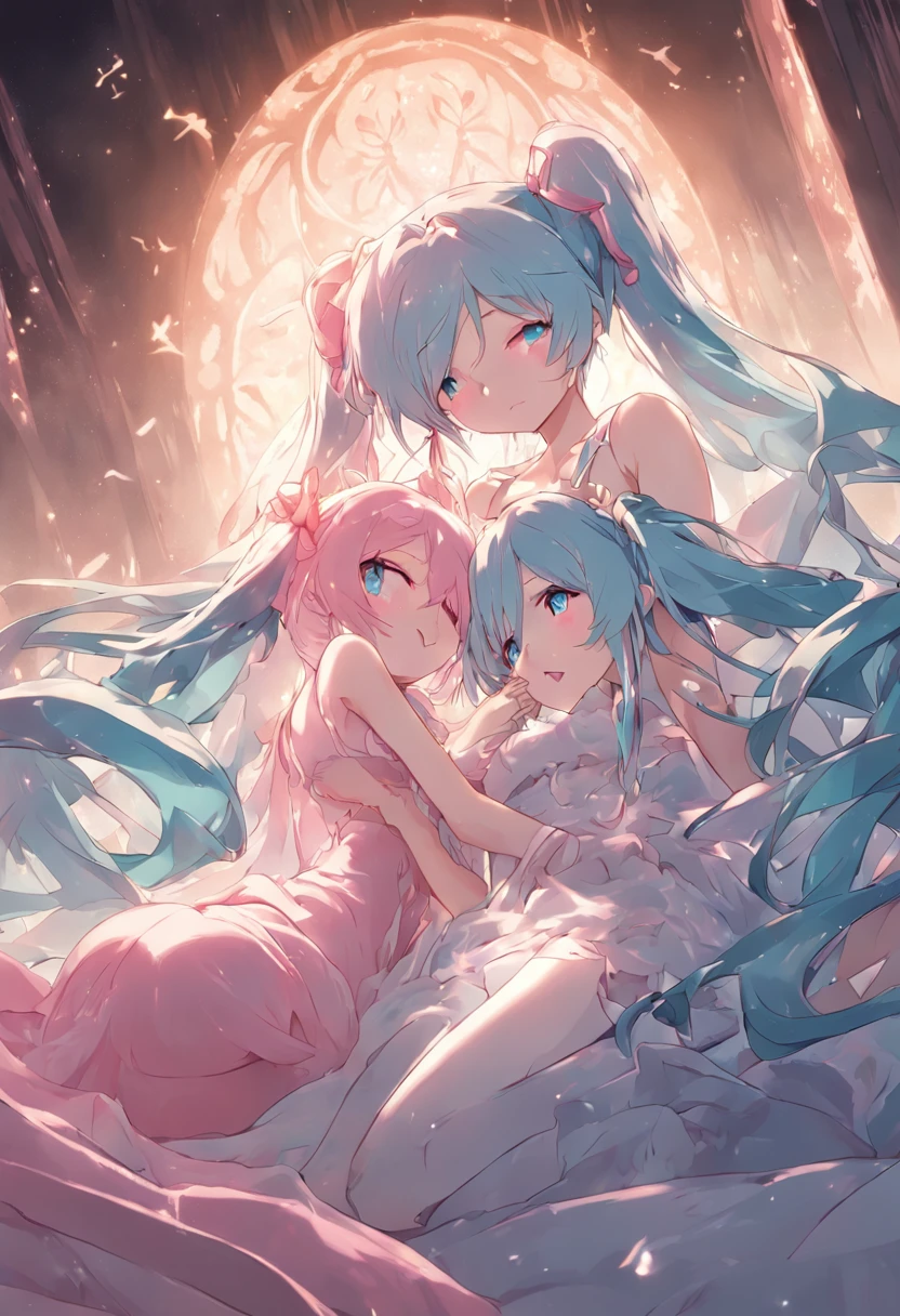 (twogirls)、(Pink long-haired Megurine Luca),、(Hatsune Miku with twin tails and light blue hair,、Slender body,、(A seductive anime girl)、Beautiful style、beautiful alluring anime woman、kindly smile、Masterpiece Portrait、Glowing blue eyes、(Transparent dress with luxurious decoration)、(Longer dress)、Sleeping in bed, NSFW、(Show your nipple:0.9),