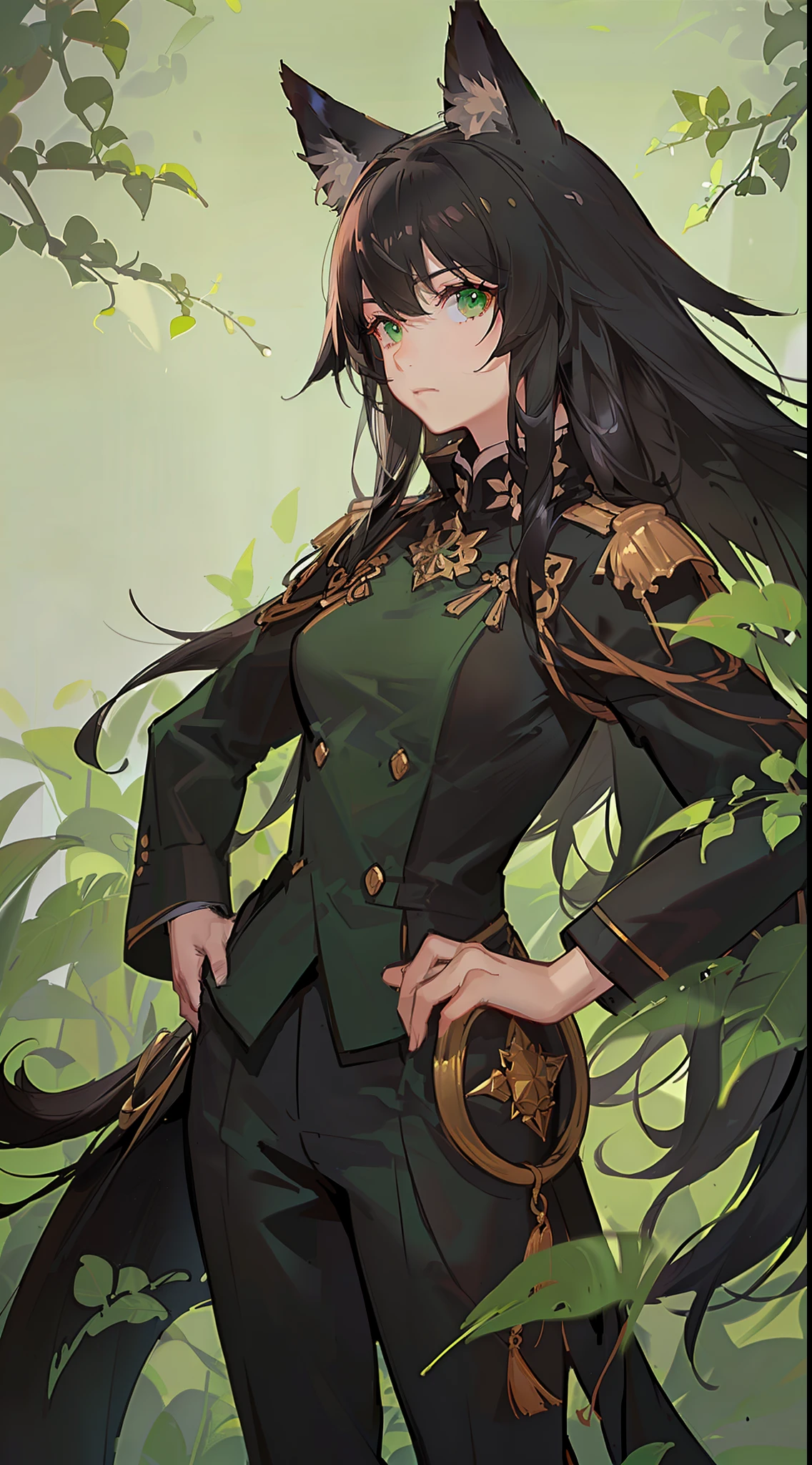 adult man, Long black hair, Fox ears, Green eyes, Black general's uniform, Masterpiece, hiquality