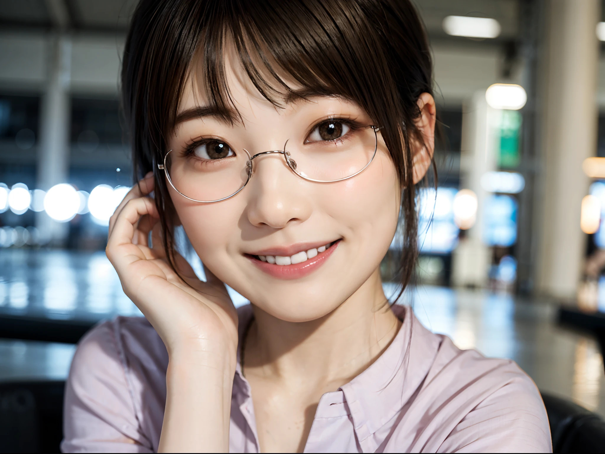 Japan girl in casual clothes in a shopping mall, looking at the viewer, posing with a smile (highest quality, masterpiece))), high resolution, very detailed, masterpiece, cinematic lighting, (8K, highest quality, masterpiece: 1.2), (realistic, photorealistic: 1.37) Hi-Res, Super Detail, 1 Girl, Woman with Glasses, Thin Frame Round Glasses, Light Colored Glasses Frame, asian, cute, cute face, solo, short hair 1.2, textured skin, beautiful smile, beautiful detailed sky, detailed café, night, movie lighting, depth of field, lens flare light, sitting, dating, (blushing), (smile: 1.15), small breasts (mouth closed), eyes with beautiful details, (short hair: 1.2), floating hair Nova Frog style,