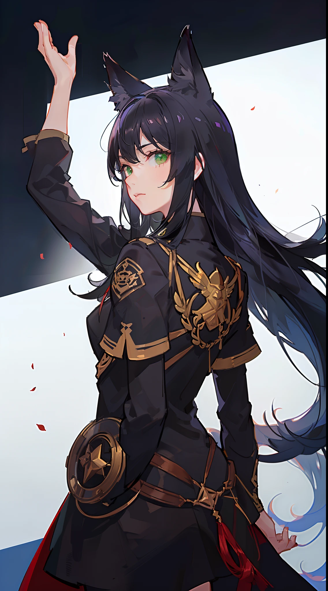 adult man, Long black hair, Fox ears, Green eyes, Black general's uniform, Masterpiece, hiquality