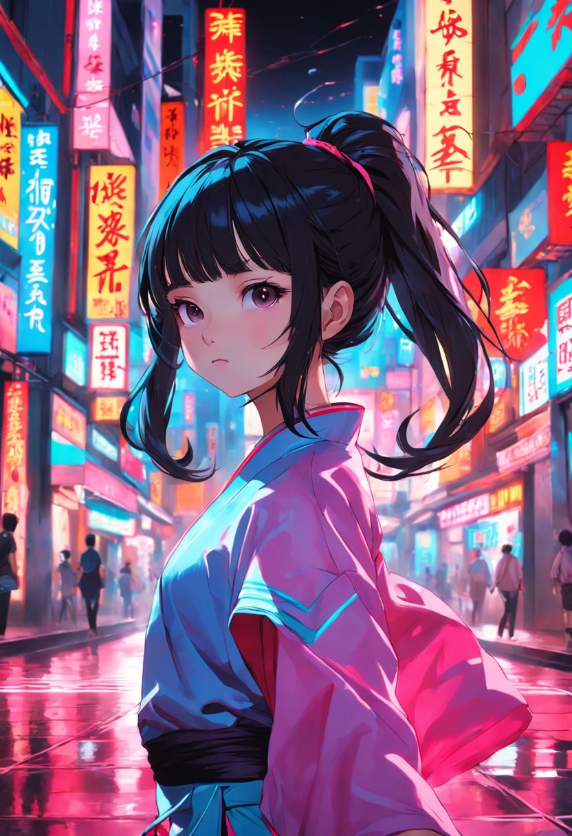 Pretty girl in Japan。Neon street in the background。China style。Bun hair。kung fu pose。Black Haired Girl。Bangs。colourfull。pop music。