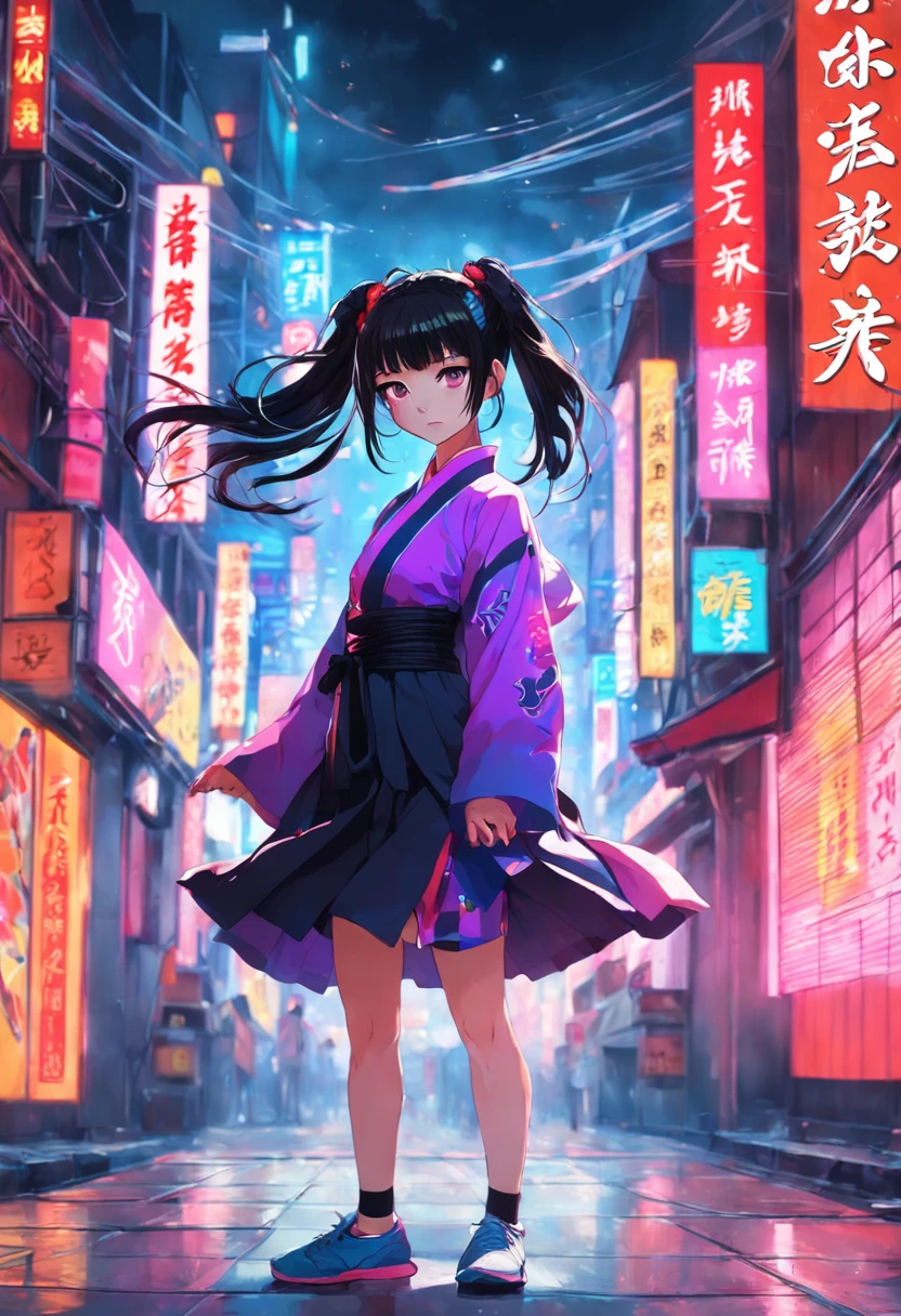 Pretty girl in Japan。Neon street in the background。China style。Bun hair。kung fu pose。Black Haired Girl。Bangs。colourfull。pop music。