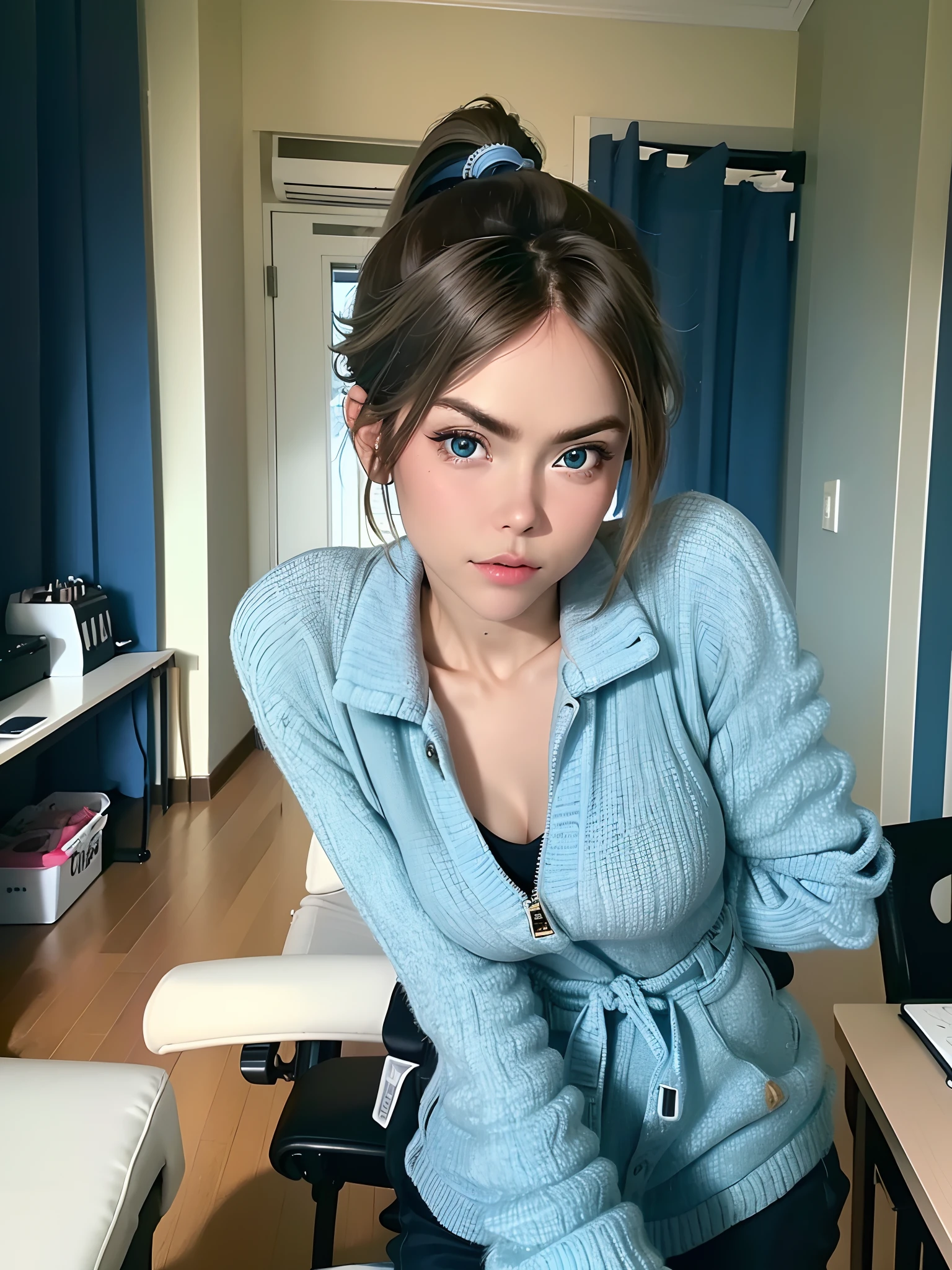 (8K, RAW photo, Best quality, Mastery:1.2), (Realistic, photo-realistic:1.37),1 girl,Cute,Blue eyes, (Solo),Detailed ponytail，Dramatic angles，office room，looking at viewert，angle of view ,cyber punk perssonage,Take your phone