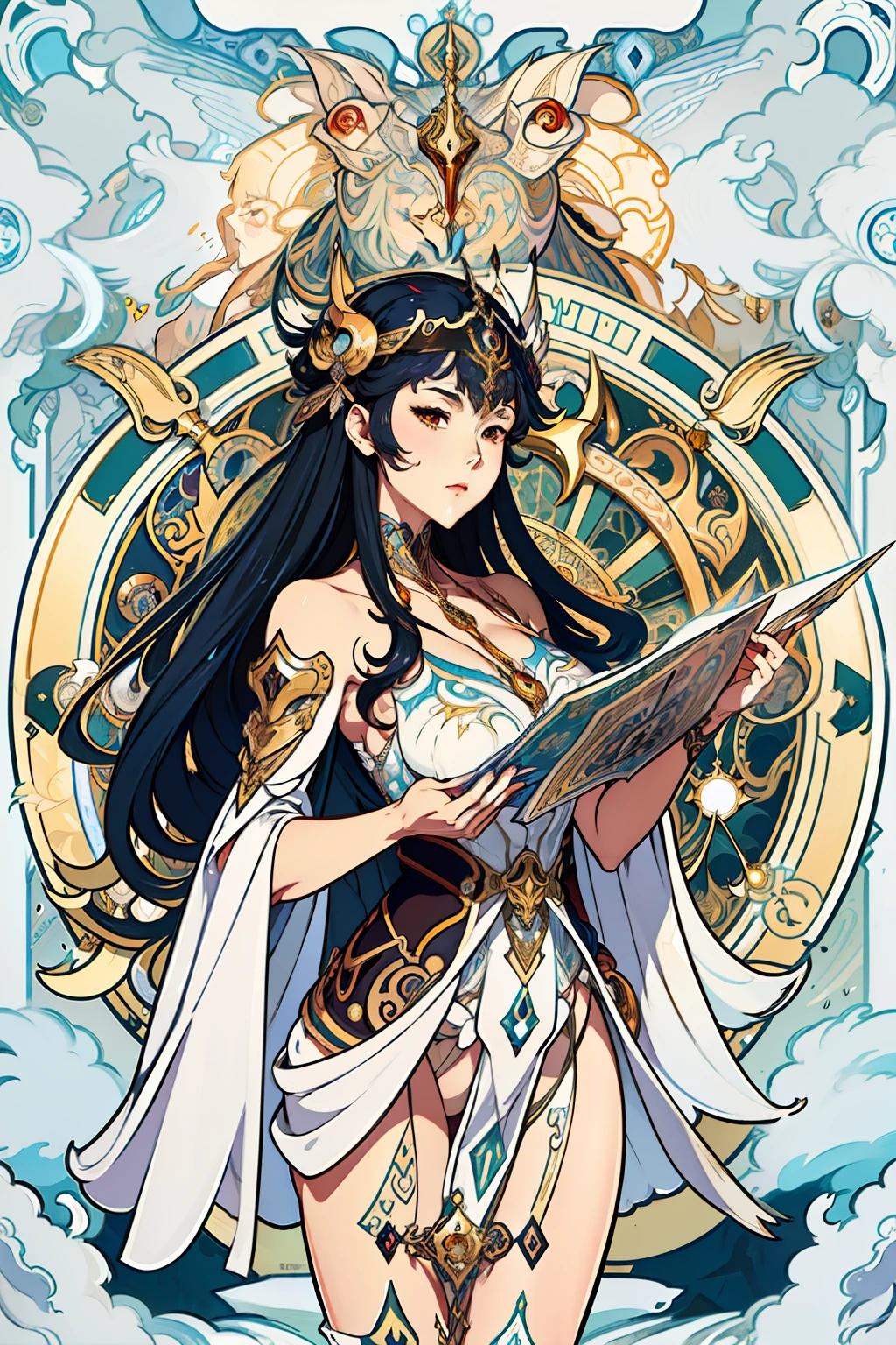 arafed image of a woman with a clock in her hands, alphonse mucha and rossdraws, mucha style 4k, artgerm mucha, korean art nouveau anime, portrait knights of zodiac girl, goddess. extremely high detail, anime fantasy illustration, detailed digital anime art, gorgeous goddess of leo, anime art nouveau, talor liner, stick liner.