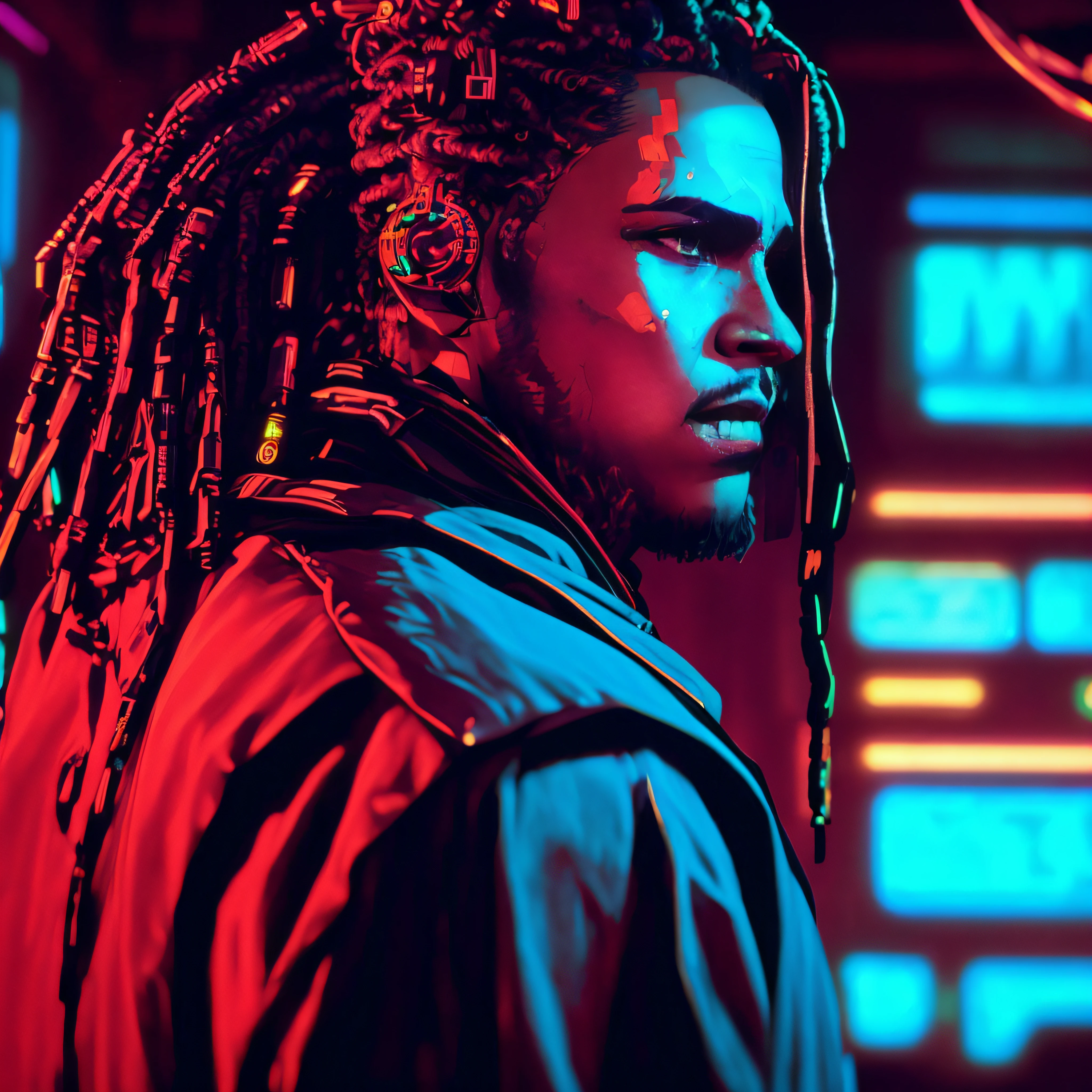 um close up de um homem com dreadlocks em uma sala iluminada por neon, HQ 4K papel de parede do telefone, estilo de arte cyberpunk, hq 4k papel de parede, Cyberpunk Jesus Cristo, cara cyberpunk, estilo de arte cyberpunk, pintura digital cyberpunk, arte digital cyberpunk, retrato cyberpunk, sombreamento cyberpunk, cyberpunk themed art, Retrato de um homem cyberpunk, arte digital synthwave, Arte Cyberpunk