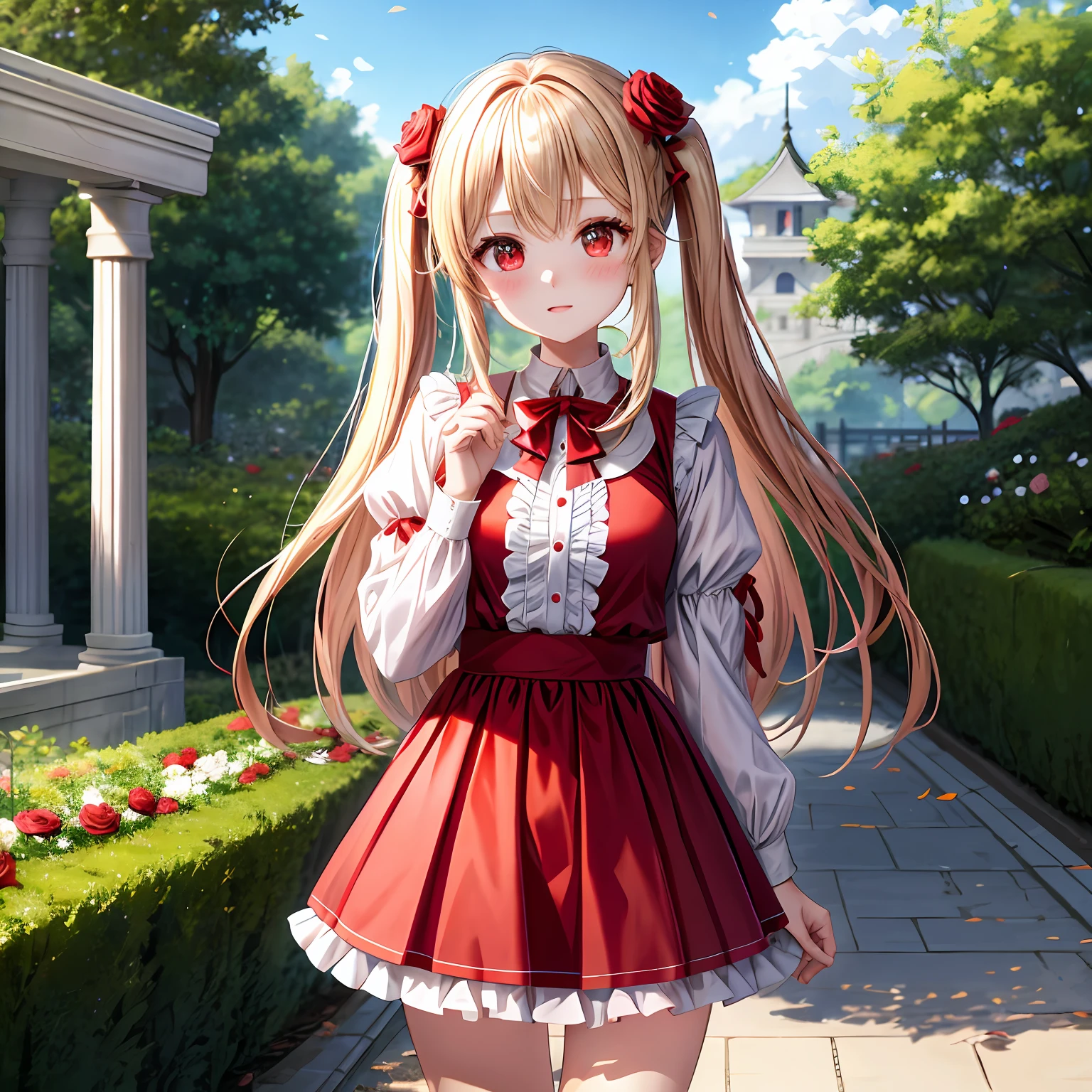 red blush、a blond、red eyes、Beautiful girl alone、animesque、独奏、Clothes with frills、a miniskirt、rose garden、