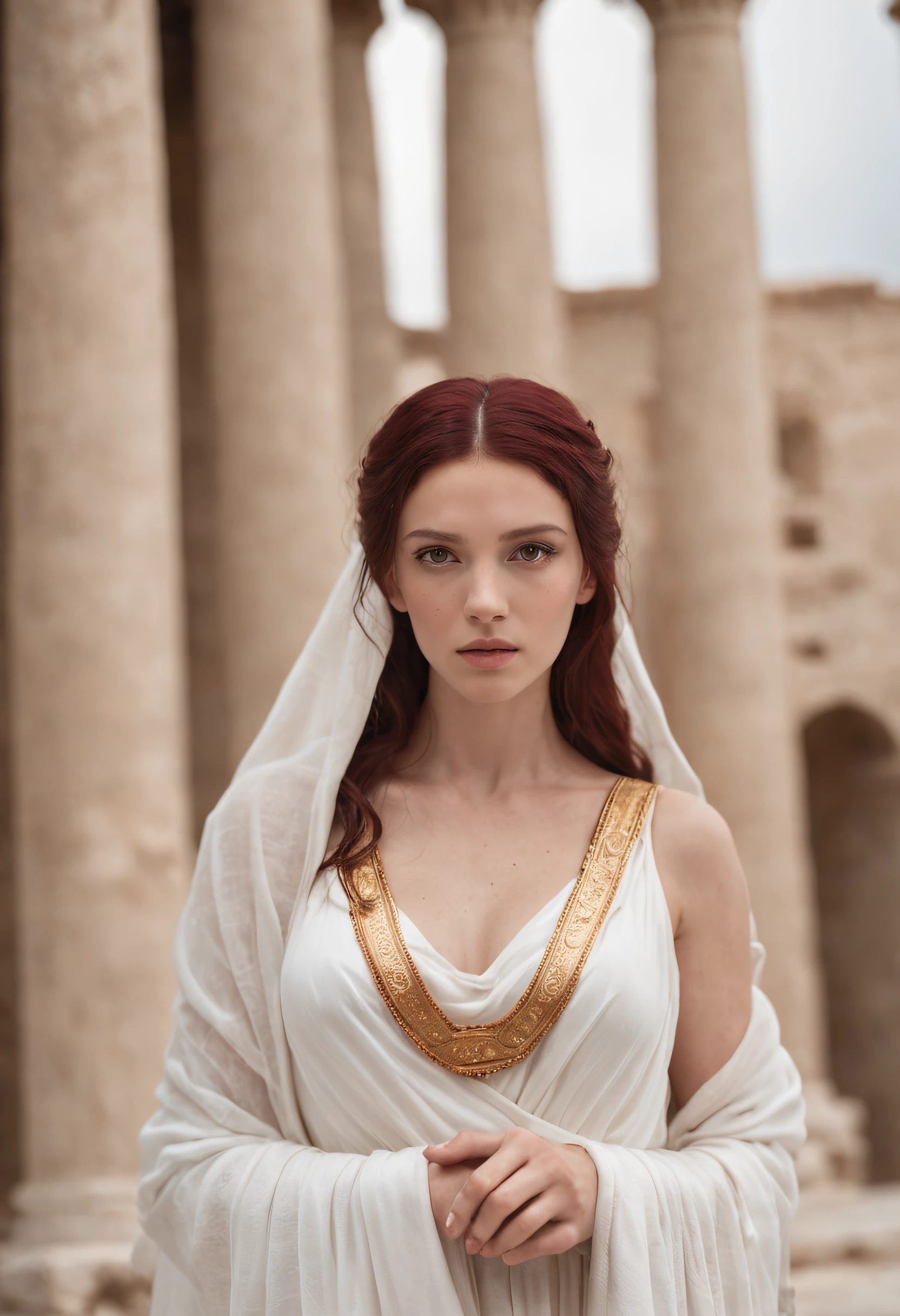 Greek goddess of hearth and fire, with ((dark red hair)) and ((dark red eyes)), is fair-skinned, wears a long white greek toga and a white veil, looks mysterious and beautiful, inside of an ancient greek temple, "holy fire of vesta", Greek mythology, sacred atmosphere, photorealistic, super high quality, super detail, ultra accurate description of hands, masterpiece, 8K, HDR