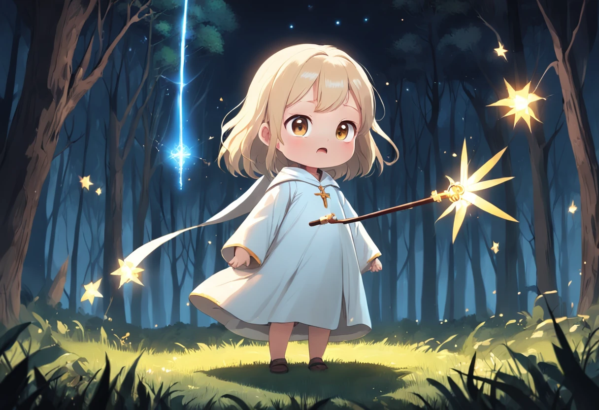 Cartoony，Chubby little girl in a white priest's robe，With a scepter，Glowing fireflies around，，Cute and cute，KIDS ILLUSTRATION，Glow effects，Dingdall effect，depth of fields，high light，Real light，Ray traching，oc rendered，Hyper-realistic，best qualtiy，8K，Works of masters，super-fine，Detailed pubic hair，Correct ???????，sharp focus on eyes，The facial structure is reasonable，Facial features are carefully depicted