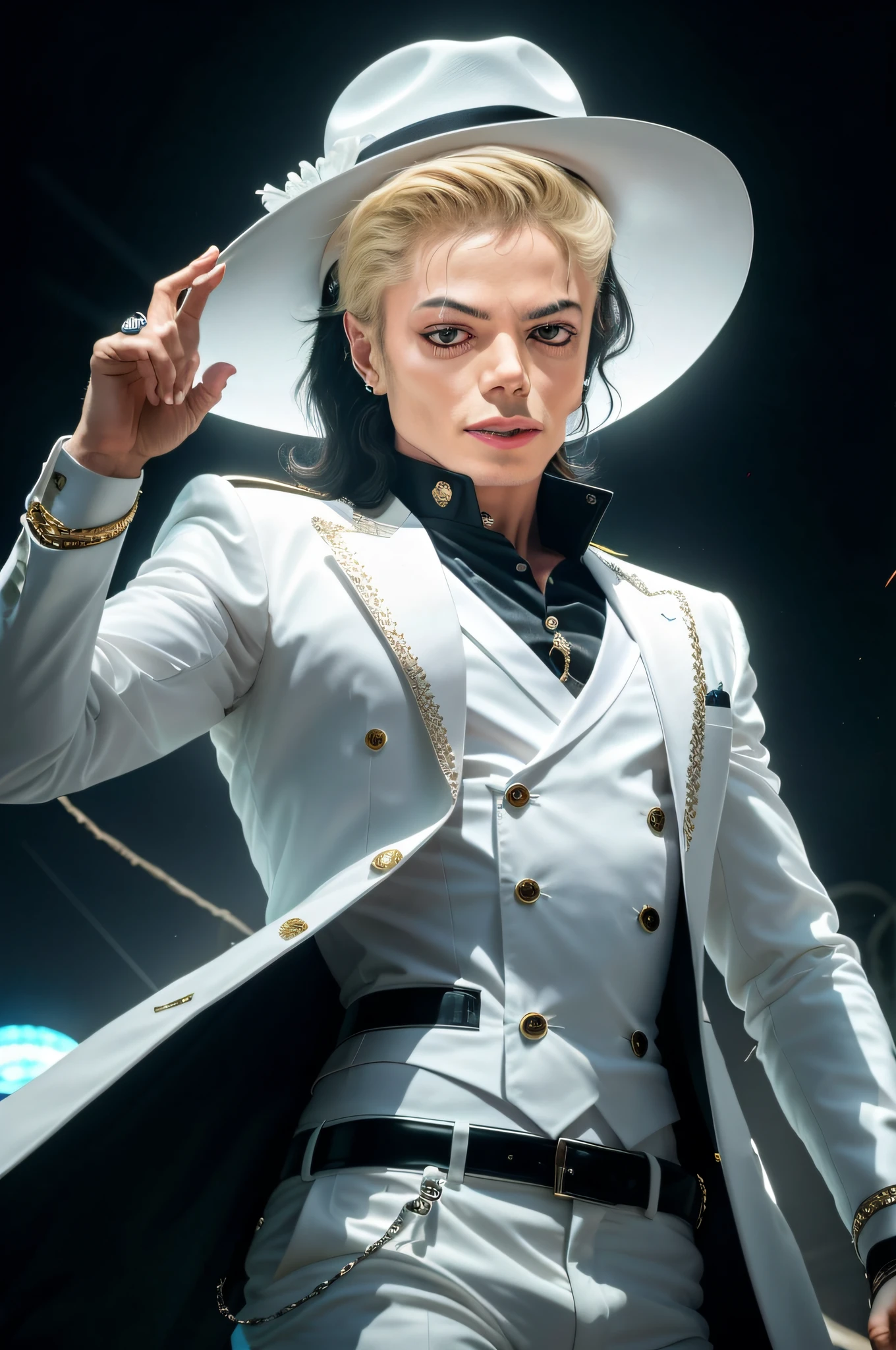 em 8k, melhor qualidade, ultra qualidade, Michael Jackson in a white suit and hat holding a cigarette, delicate androgynous prince, cara bonito, vestindo terno branco futurista, Inspirado no cantor Justin Bieber.