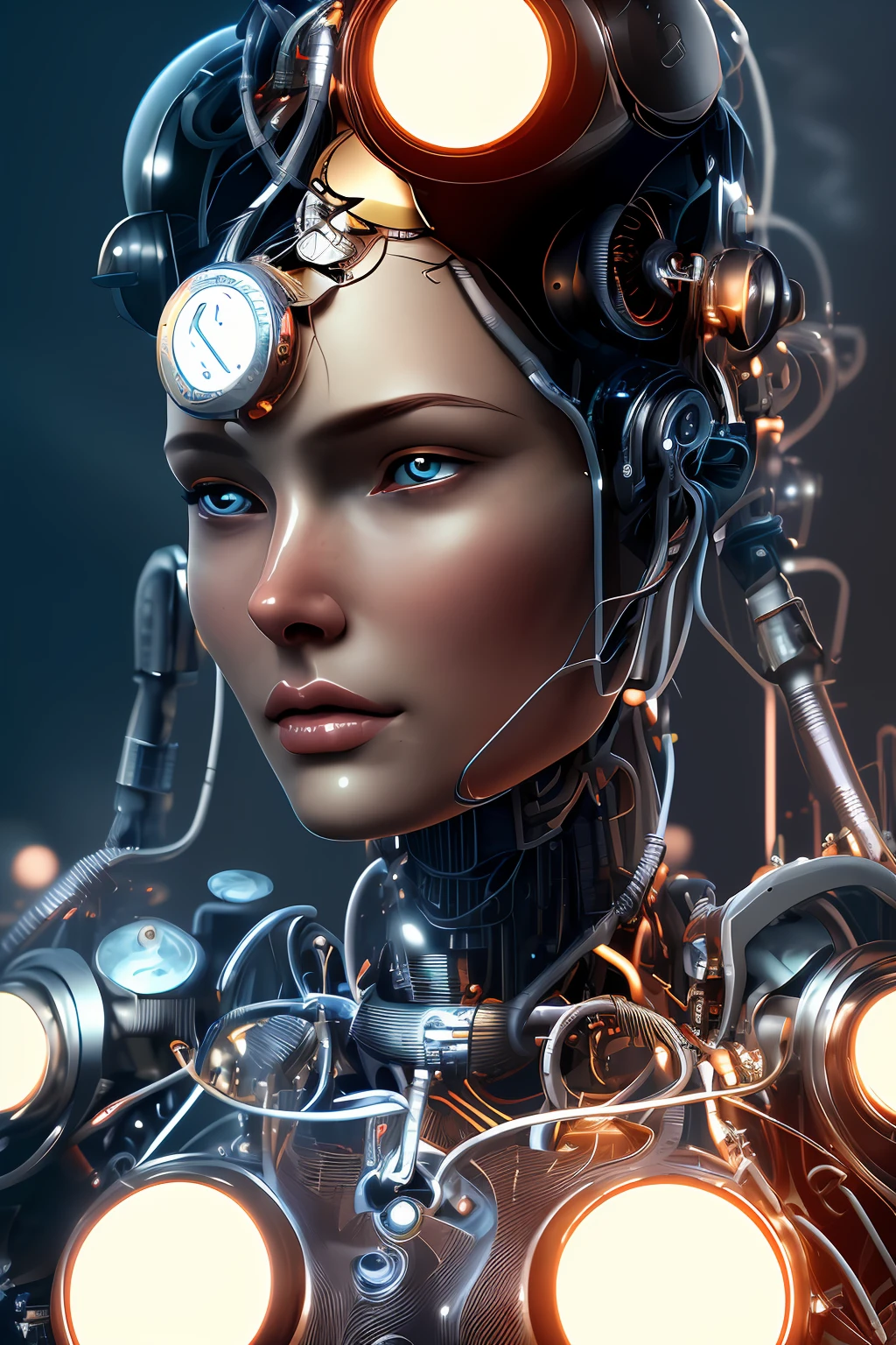 full body cyborg| full-length portrait| detailed face| symmetric| steampunk| cyberpunk| cyborg| intricate detailed| to scale| hyperrealistic| cinematic lighting| digital art| concept art| mdjrny-v4 style