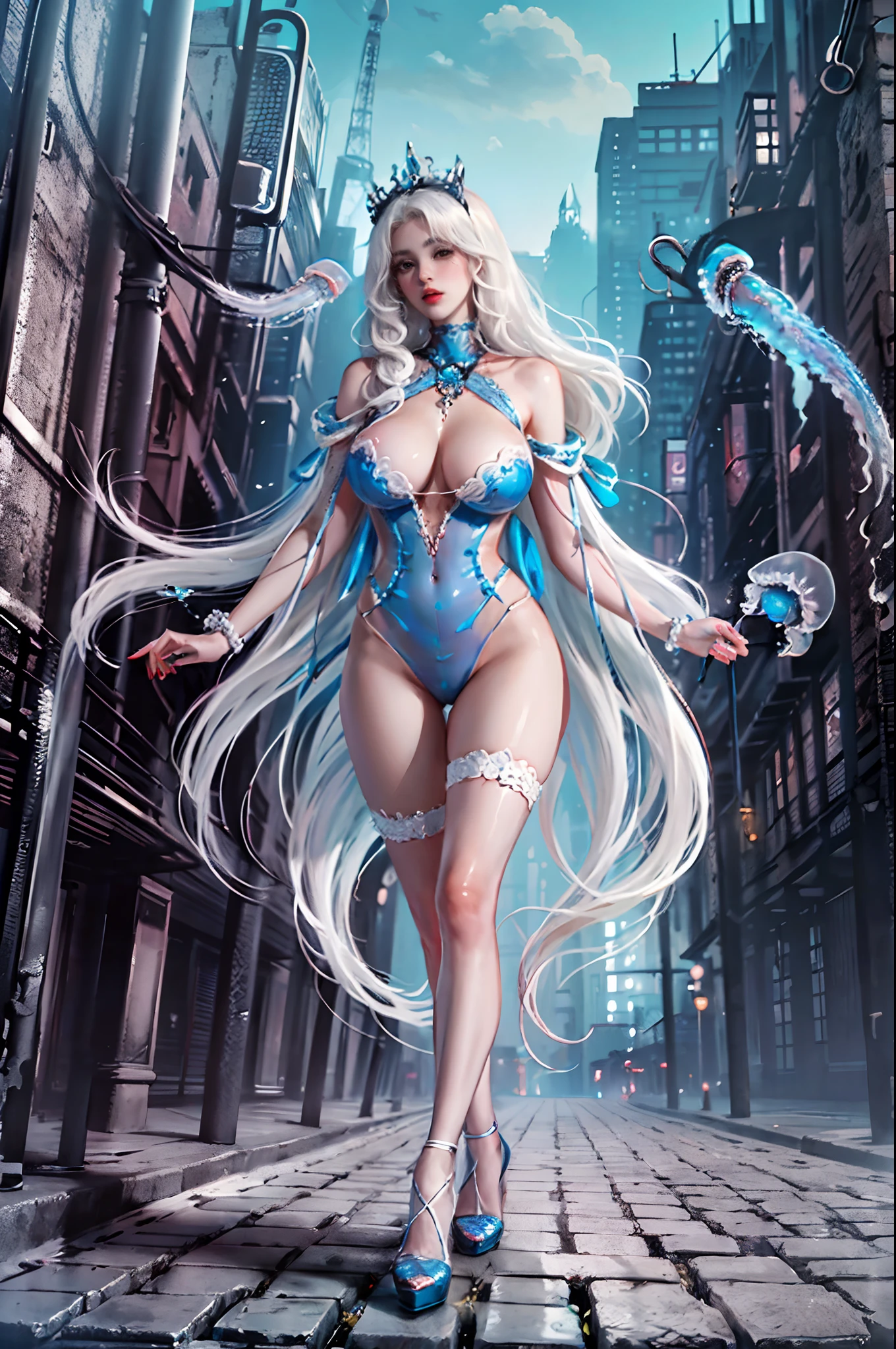 (jellyfishforest:1.4), (best quality:1.4), (masterpiece:1.2), (intricate detail), low color contrast, (panorama shot, scenery, landscape:1.5),cityscape, skyscraper, standing, best photo pose, wearing a string of threads, delicate skin texture, slim, Glamorous body, well proportined figure, huge breasts, (labium), high heels, (white hair, very long hair:1.2),
