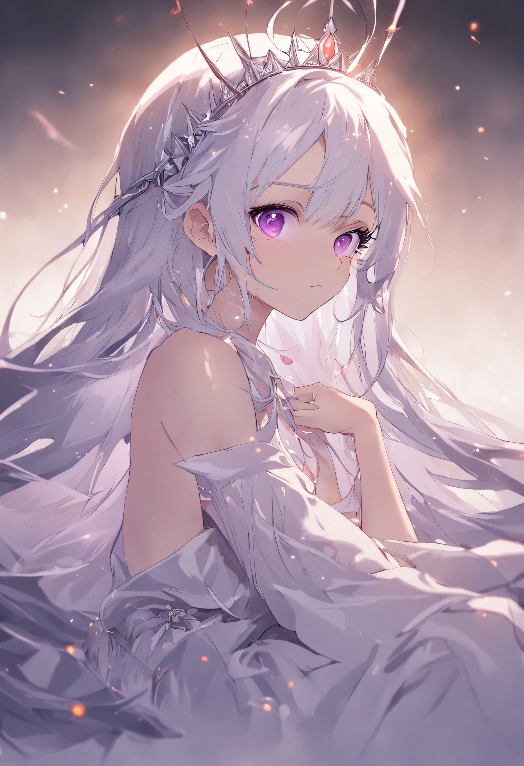 Best quality, highly detailed, masterpiece, ultra detailed, (reality: 1.2), 1 girl, (white background), simple background, delicate eyes, silver hair, purple eyes, hair_ornament, (white off-the-shoulder shirt: 1.3), long hair, pointy_ears, crown_braid, expressionless, straight hair, (++ sitting: 1.2), room,