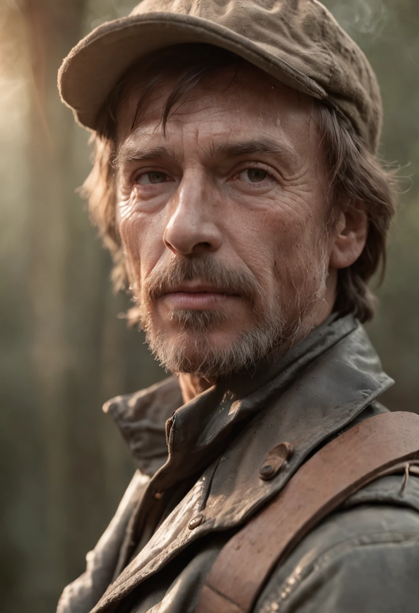 Romanticism style realistic portrait,close-up Chuck Norris soldier_outfit, cool dry vintage colors, hd, UHD, intricate details, sunset, amazon jungle, dry trees, puddles of water reflecting sunbeam, Photoshop_corretions_details, greg rutkowski, cinematic shading , low_key, award-winning art, best quality