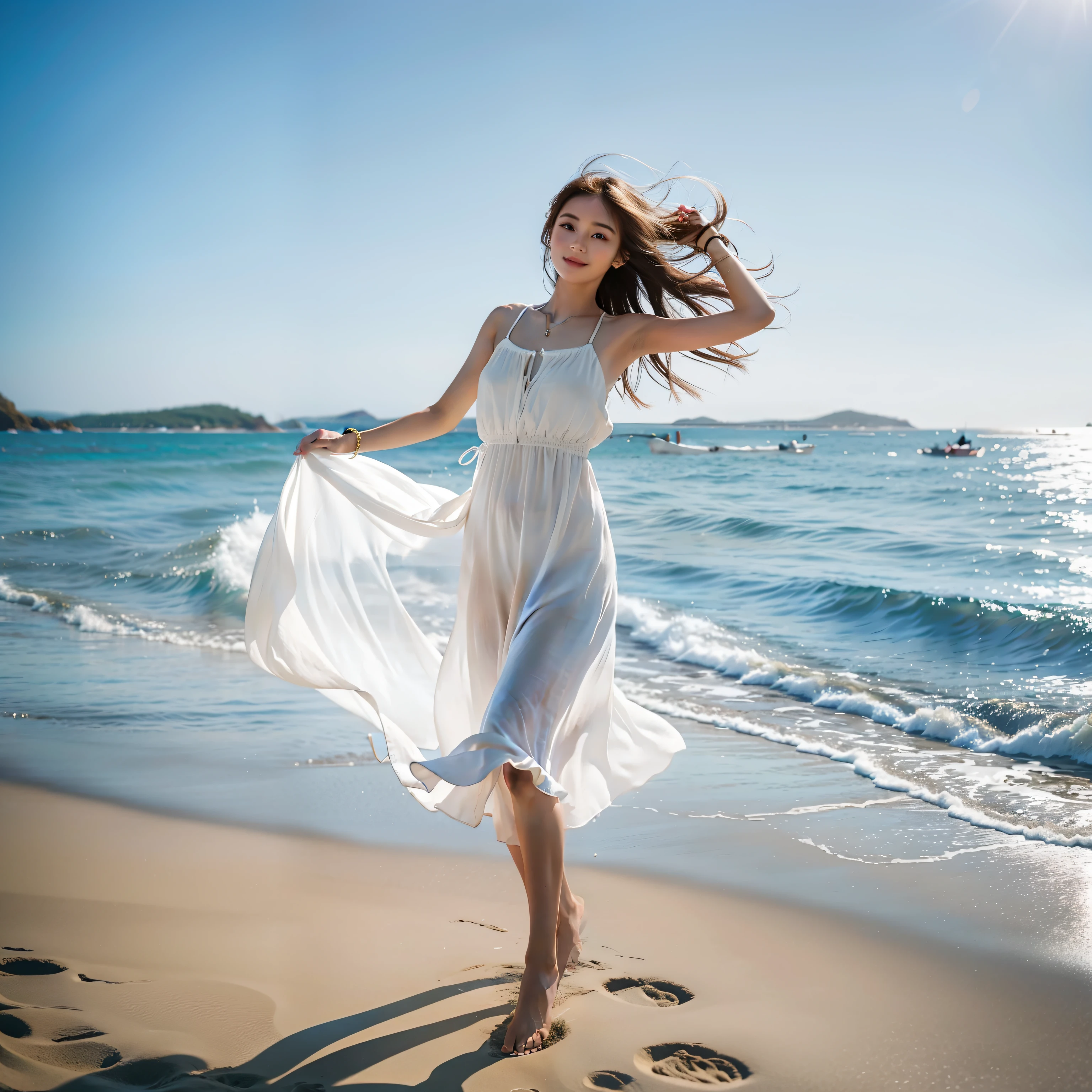 On the sandy beach,There is a free girl,She is full of energy,Exudes sunshine-like enthusiasm。She is tall and well-proportioned,With a healthy curve。Her complexion was slightly bronzed by the sun,Exudes a healthy glow。
Her hair is a flowing and natural blonde,Gently blown on her shoulders by the breeze。Under the sunlight,Her hair shimmered with golden light,As enchanting as the waves。
Her face has soft lines,He has bright and agile eyes,Like two clear aquamarines。There is courage and adventurous spirit in the eyes,People can't help but be attracted by her charm。
Her slight smile stayed on the corners of her mouth,Exudes warmth and joy。Her lips are rosy and plump,The desire to give a soft touch。
She wore a light white dress,Relax in the breeze。The skirt gently rippled with her every movement,Showing her free personality。She stepped barefoot on the soft sand,It conveys a pure sense of connection with nature。
She doesn't have much decoration on her,Wearing only a string of shell bracelets,The beauty of nature shines in the sun。She exudes an aura of tranquility,It was as if the breath of the sea was deeply integrated with her。
This free girl walks freely on the beach,She is a child of the sea,Live out the freedom and dancing of the sea breeze。Her detailed appearance and clothing exude a beauty that blends with nature。