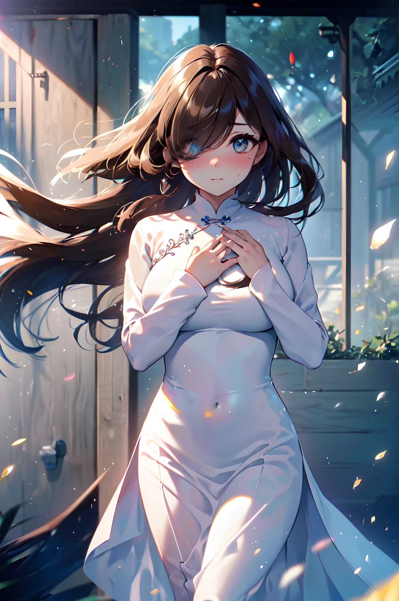 Transcendently Beautiful Girl, nose blush, embarrassed, (masterpiece face, masterpiece eyes:1.5), BREAK, (long hair, hair over one eye, straight heavy hair, brown hair:1.3), BREAK, Flat_Chest, Huge_breasts, wide_lower back, long eyelashes, makeup, BREAK, (Five Fingers, 4fingers and 1thumb:1.3), (plain white ao dai:1.5), side focus, standing, outdoor, daytime, garden, (hand on own chest:1.3), Masterpiece, best quality, captures a super cute moment, depth of field, ultra detailed, ultra high resolution, C4D, Octadale, 3D modeling, 8k, 16k,
