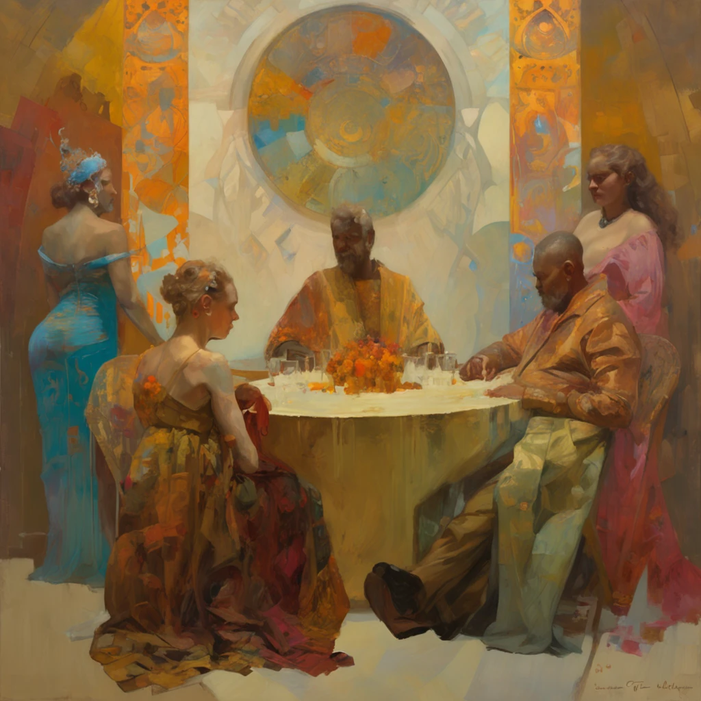painting of a woman,little monks, Mucha Klimt and Tom Bagshaw, Craig Mullins Alphonse Mucha, Alphonse Mucha and Craig Mullins, beeple and alphonse mucha, Tom Bagshaw Donato Giancora, krenzcushart, inspired by James C. Christensen, A lot. Art Nouveau. gloomhaven