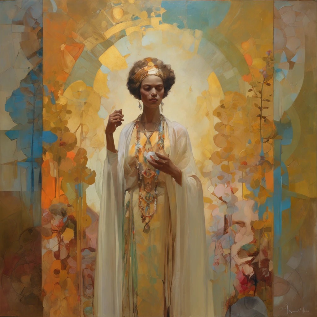 painting of a woman,little monks, Mucha Klimt and Tom Bagshaw, Craig Mullins Alphonse Mucha, Alphonse Mucha and Craig Mullins, beeple and alphonse mucha, Tom Bagshaw Donato Giancora, krenzcushart, inspired by James C. Christensen, A lot. Art Nouveau. gloomhaven