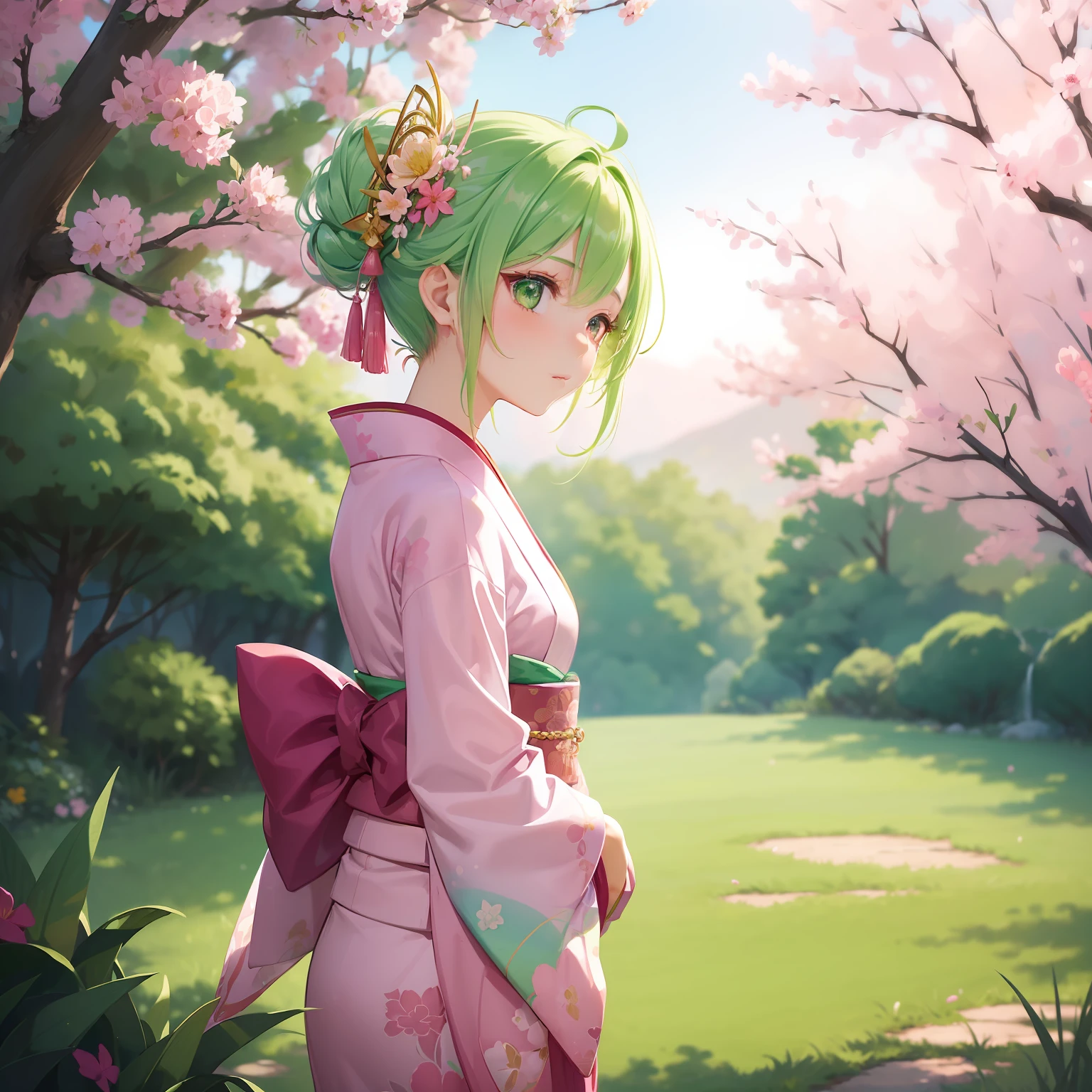 (Beautifully Aesthetic:1.2)、(1girl in:1.3)、(Pink and green gradient hair:1.2)、Wear a colorful kimono in pink and red、posterior view、Crested grass、longing、longing、Background with、landscapes、Watch the festival、natta、Lots of people、Fantastical、the background is blurred、