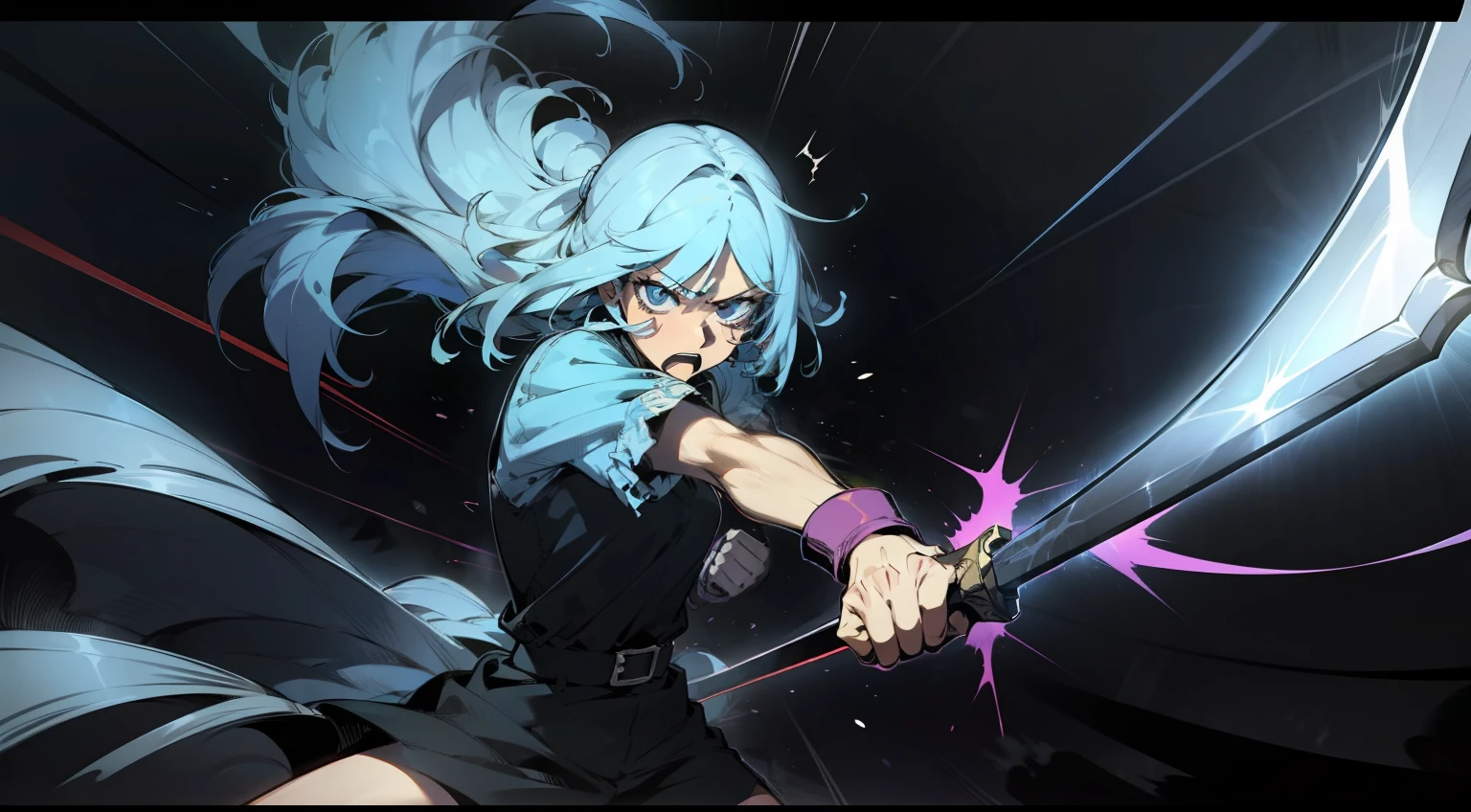 Luna Runcandel's fighting spirit finds expression in the world of comics, where bold lines and vibrant colors dominate. The artist portrays Luna in mid-action, her sword held high as she prepares to strike. Her expression is a mix of determination and resolve, evident even in the stylized rendering. The use of dynamic paneling adds a sense of movement to the scene, enhancing the overall intensity. The color temperature is warm and energetic, underscoring the impending clash. --v 5 --stylize 1000