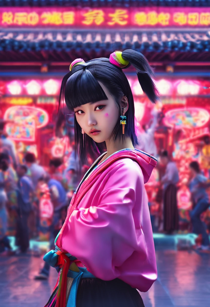 Pretty girl in Japan。Neon street in the background。China style。Bun hair。kung fu pose。Black Haired Girl。Bangs。colourfull。pop music。Art-like。