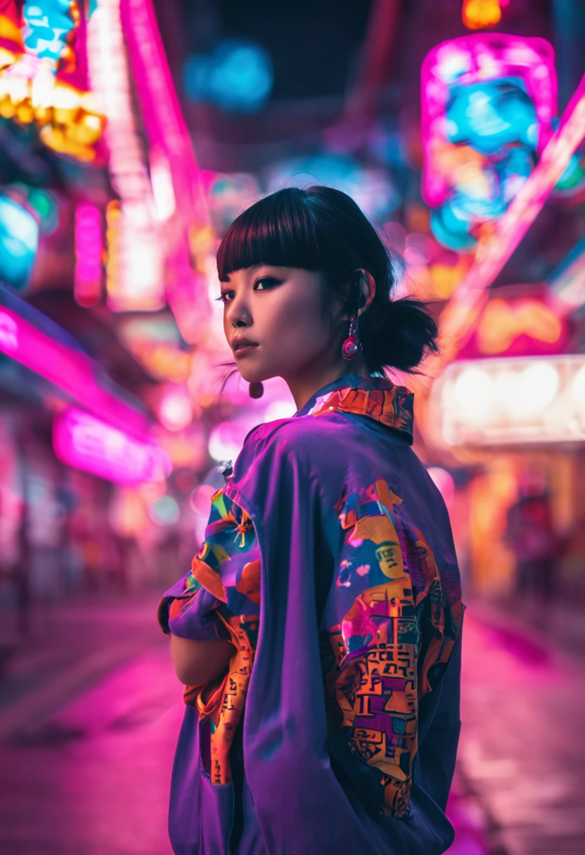 Pretty girl in Japan。Neon street in the background。China style。Bun hair。kung fu pose。Black Haired Girl。Bangs。colourfull。pop music。Art-like。