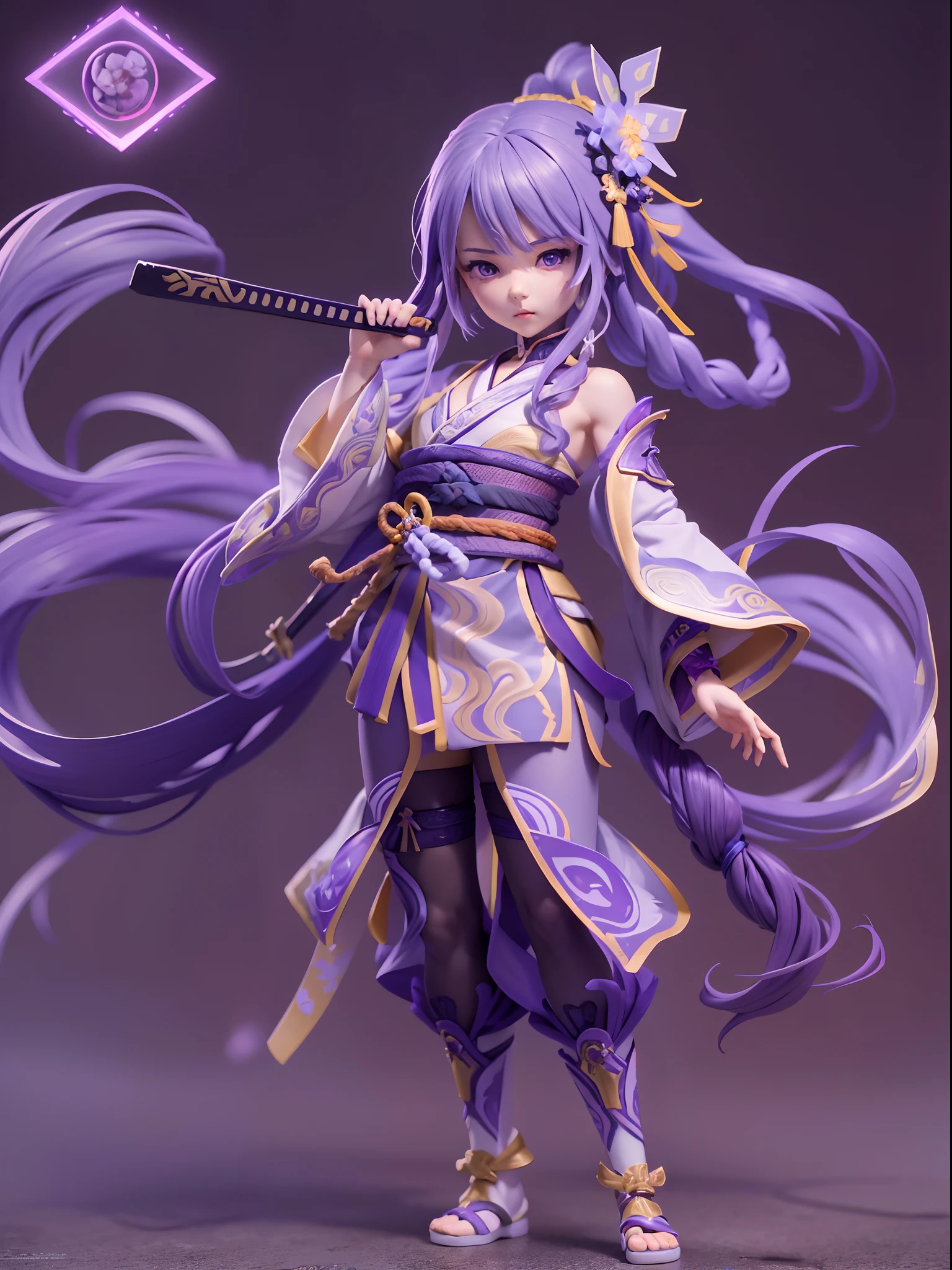 (Blind box toy style:1.2), ((Full body photo:1.5)) , 1 masterpiece, ((anatomy correct:1.4))，Best quality,,(((Raiden Shogun))) (Genshin Impact), long whitr hair，Purple braid, 1 girl solo, Slim little kimono，Purple stockings，The clothes slipped off the shoulders，Expose the upper part of the chest， dreamy glow, Clean, Purple clean background ( Global illumination, Ray traching, hdr, unreal render,reasonable design, high detal, Masterpiece, Best quality, hyper HD, Cinematic lighting)