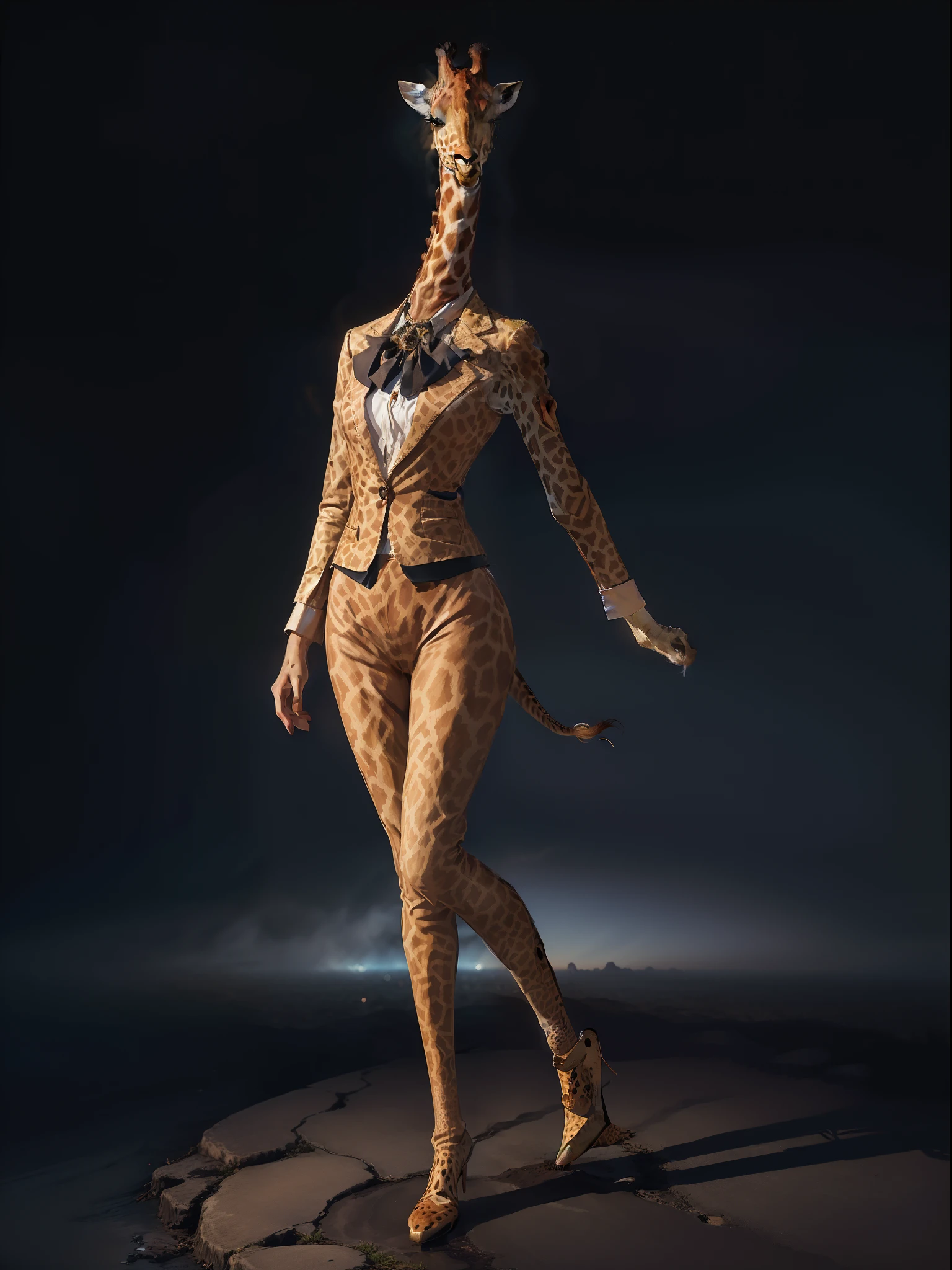 (((fullbody image、Standing posture)))、(Full-body giraffe standing upright in luxury business suit、Humanoid giraffe、Cool anthropomorphic giraffe with long legs)、​masterpiece, top-quality, in 8K , intricate detailes, ultra-detailliert , light Particle、32K Digital Paint, Hyper-Realism, No background