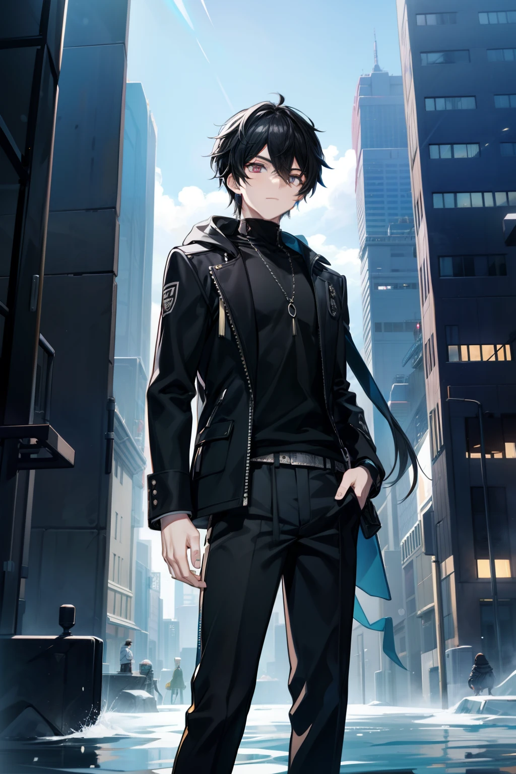 On the vibrant skyline of a modern fantasy city, A 27-year-old boy stands out with black hair that contrasts with his white skin, and silver eyes that seem to reflect the neon lights that illuminate the city. Viste un elegante traje negro adornado con sutiles detalles dorados que brillan bajo las luces de la ciudad. El manto largo que lleva agrega un toque distintivo a su figura, mientras se mueve entre rascacielos y pantallas de hologramas. en el fondo, The city comes alive with rivers of light and futuristic buildings that defy the imagination. Este es tu protagonista, A contemporary enigma in an urban world full of wonders and dreamy technology.