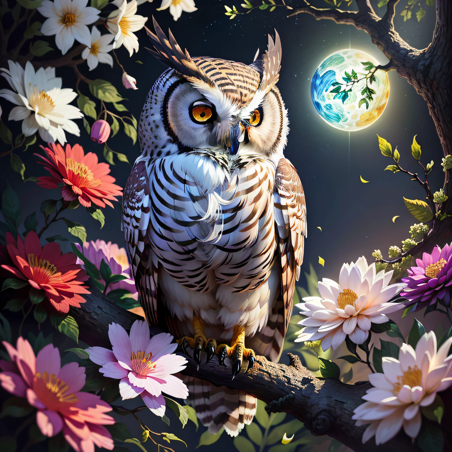 There is an owl sitting on a branch with flowers in the background, pintura digital altamente detalhada, arte digital altamente detalhada, Arte digital altamente detalhada em 4k, pintura digital altamente detalhada, bela arte digital, arte digital altamente detalhada, Highly detailed illustration, 8k arte detalhada de alta qualidade, arte digital. altamente detalhado, coruja branca brilhante, coruja incandescente, arte digital detalhada bonito