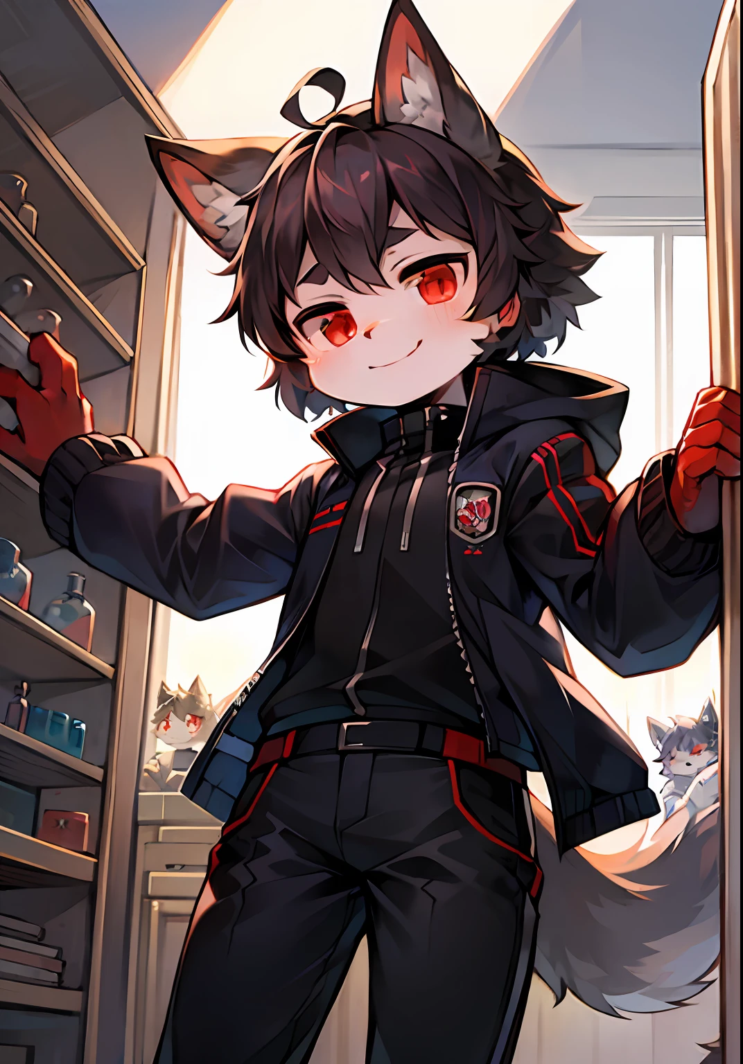 laboratory，bobhair，dark haired，Red magma，ahoge，Bell，The child，Wolf ears，Smile with，No spots，Cubs，Wolf ears，Wolf type，杰作，High-quality portraits，humanoide，Cubs，Mechanical Boy，Tuuli，Mechanical jacket，Mechanical trousers，Super cute face，1024x1024