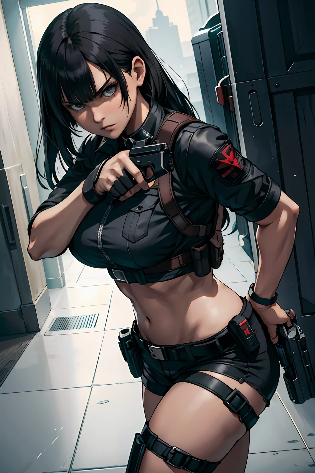 Resident evil girl long black hair with straight bangs black shorts with holster, black clothes, tactical holster, and holding pistol, shooting, angry,