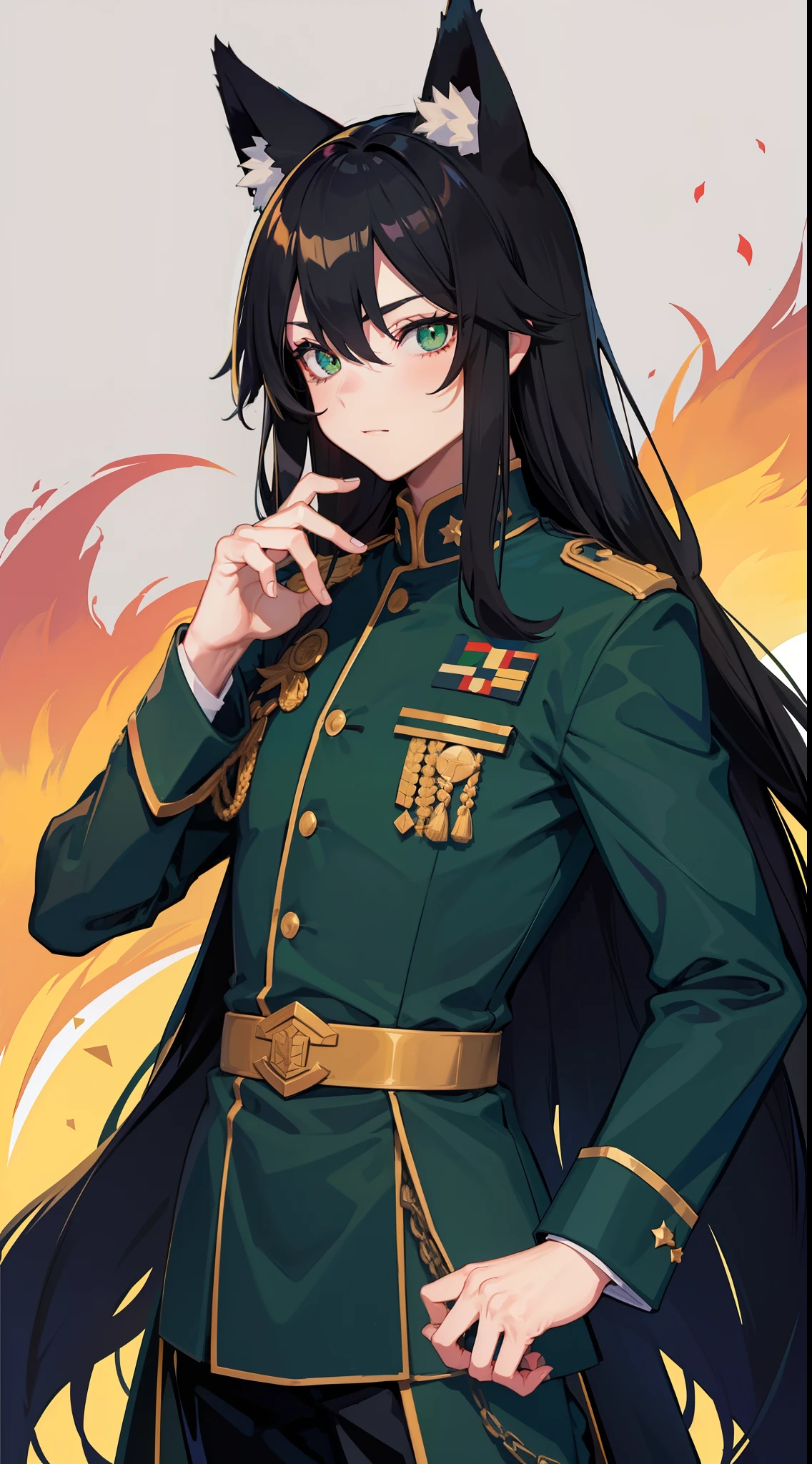 adult man, Long black hair, Fox ears, Green eyes, Black general's uniform, Masterpiece, hiquality