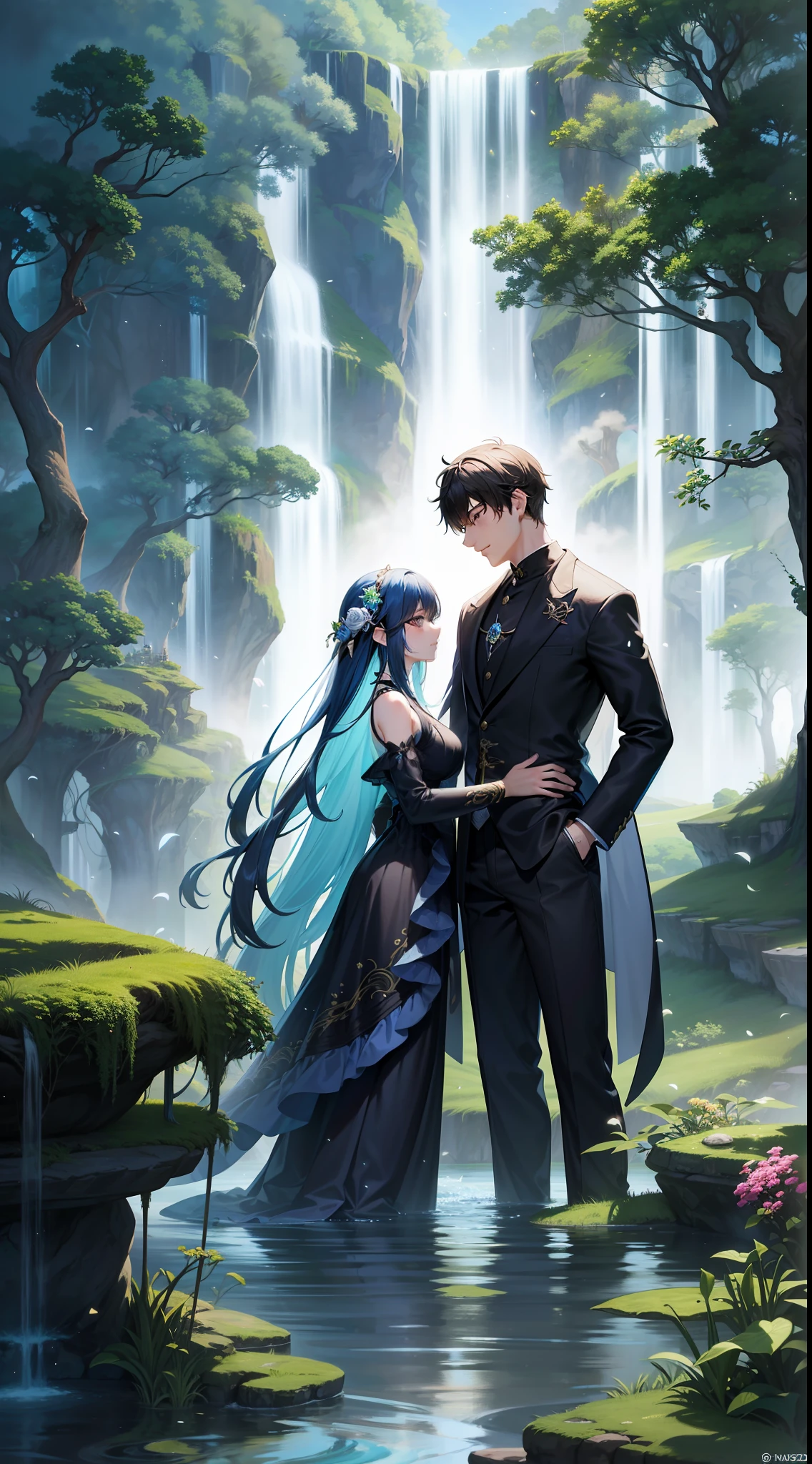 An anime couple stands in a mesmerizing world of floating islands and waterfalls, dressed in elegant black attire. They are surrounded by lush vegetation, vibrant flowers, and cascading water, creating an otherworldly scene. The atmosphere is ethereal and dreamlike, emphasizing their love and unity. The semi-realistic style, resembling Guweiz's work, captures the intricate details of their attire and the magical environment. This commissioned artwork, created using Anime Painter Studio, evokes emotions through every stroke of the digital paintbrush. The digital anime illustration portrays the couple against a backdrop of breathtaking beauty, capturing their connection amidst the wonders of nature. The detailed fanart brings out the fantasy aspect while retaining a touch of realism. /imagine prompt: [1], an enchanting image of an anime couple surrounded by floating islands, waterfalls, and lush vegetation, evoking a dreamy atmosphere and magical connection, captured in the style of Guweiz, brought to life using Anime Painter Studio