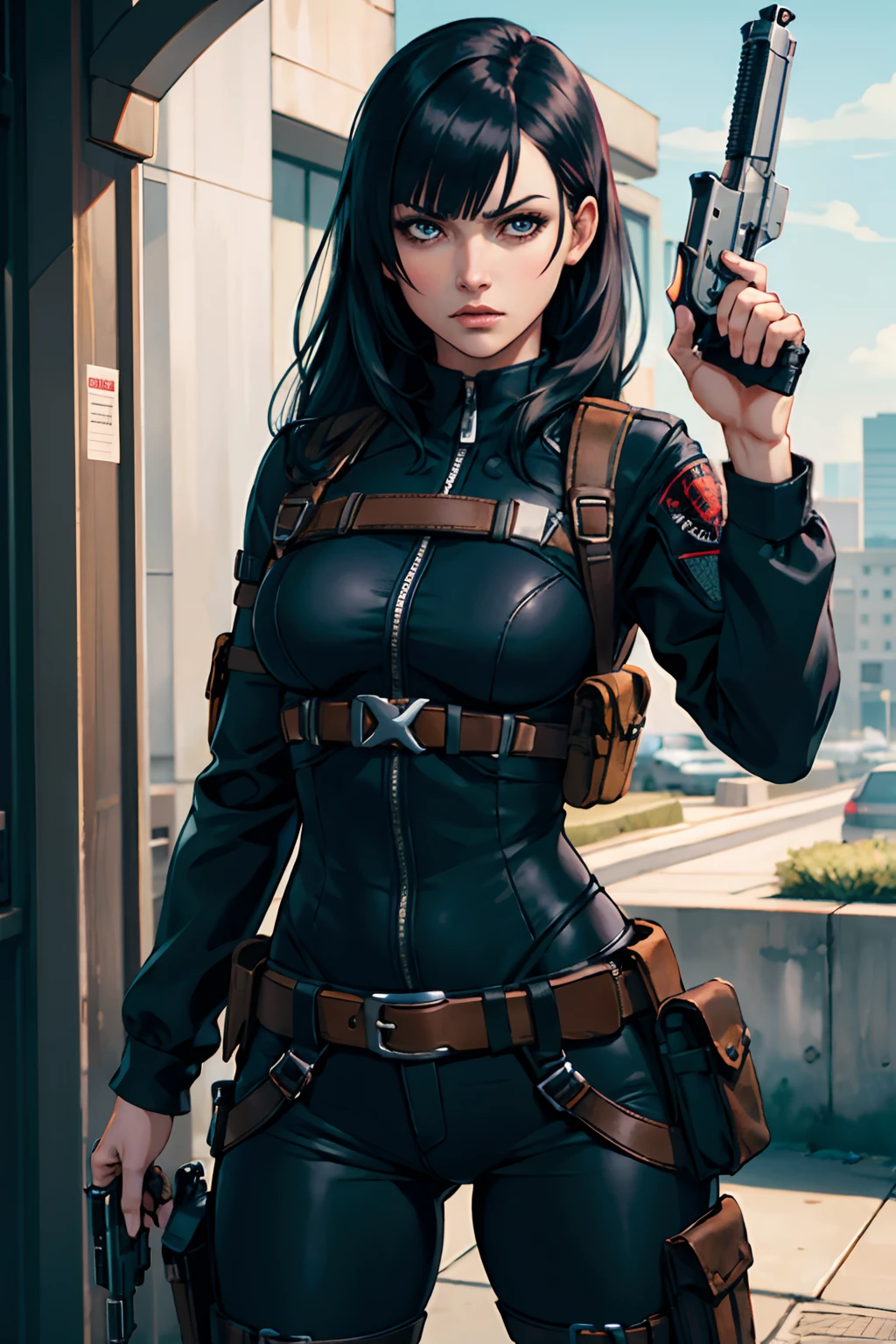 Resident evil girl long black hair with straight bangs, with holster, black clothes, tactical holster, and holding pistol, shooting, angry,