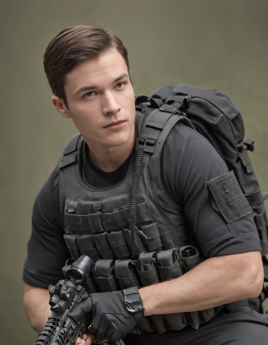 A Navy SEAL. Clad in a sleek black tactical uniform and donning combat gear. Wears a tactical vest adorned with ammunition and equipment pouches. He embodies the qualities of a highly trained and skilled warrior