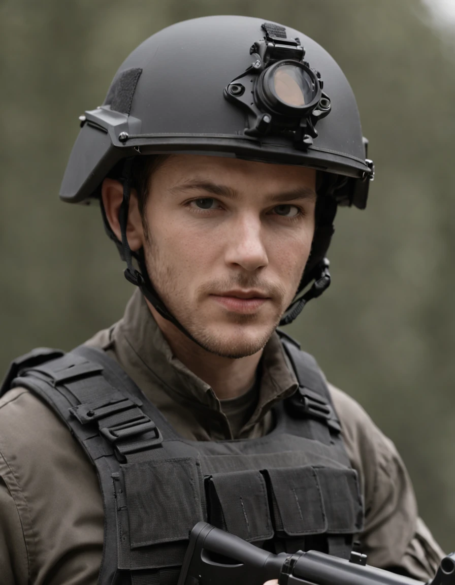 A Navy SEAL. Clad in a sleek black tactical uniform and donning combat gear. Wears a tactical vest adorned with ammunition and equipment pouches. He embodies the qualities of a highly trained and skilled warrior