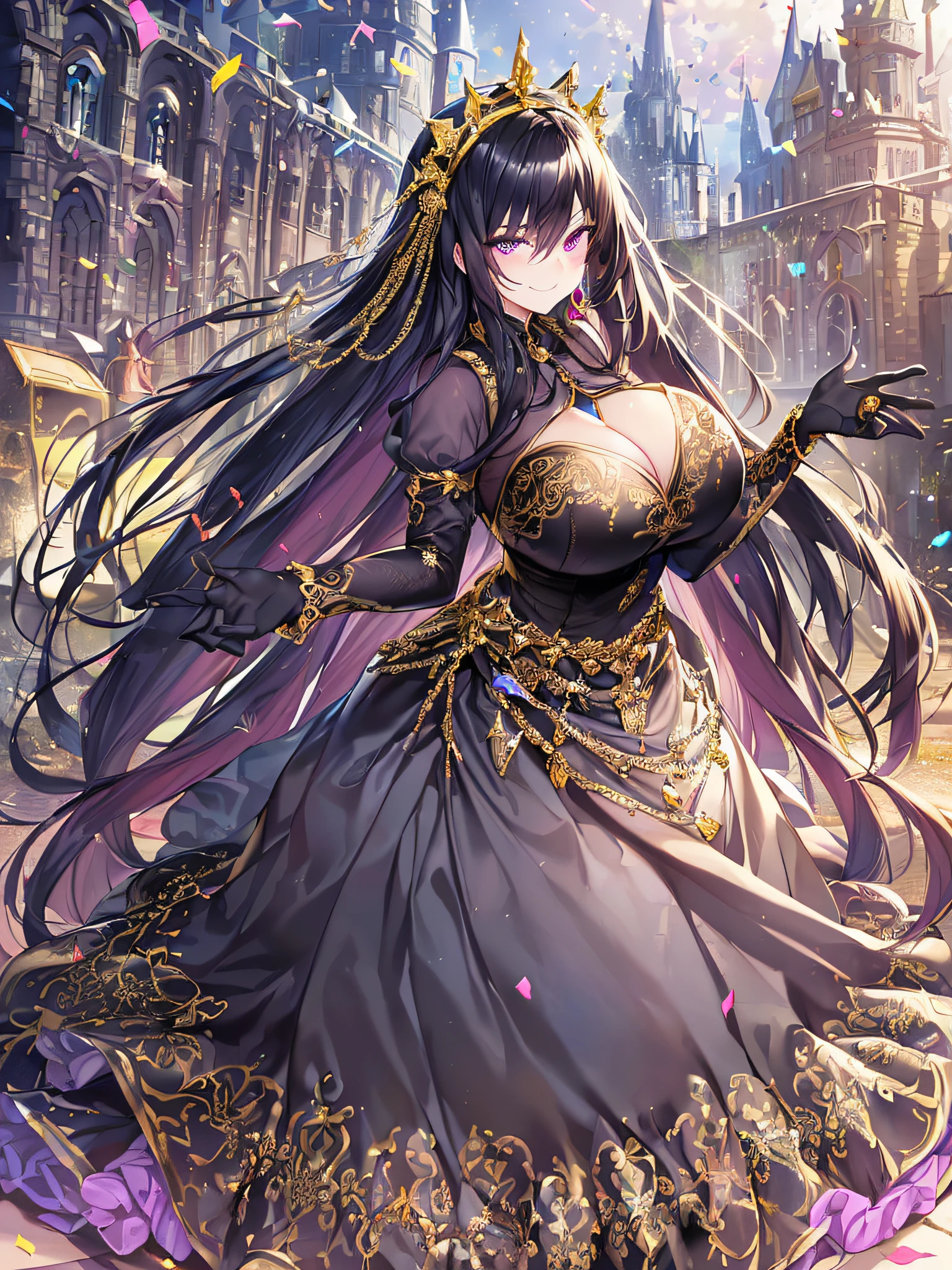 ((anime artstyle)),(Masterpiece),(Best Quality), (Super Detail),((Very Delicate and Beautiful)),(((Solo))),((full body portrait)),((1 arrogant queen in gorgeous black and gold rococo princess ballgown with voluminous full length hoop skirt and gorgeousfull embroidery),((crinoline)),gold trim,Long train,(dominant pose,dominant facial expression),(arrogant,haughty),((arrogant smile,haughty smile)),Sharp eyes,((standing in the square of the castle town,festival)),confetti,sunlight,((outdoor)),medieval main street,gorgeous gemstone jewelry,detailed face and eyes,jewel-like eyes,Purple eyes,(Bangs between eyes),((large amount of straight hair,extremely Long voluminous black Hair)),((gigantic tits,Long tits)),gorgeousfull embroidery,cleavage,extremely gorgeousfull hair ornament,(bling-bling extremely gorgeousfull jeweled tiara),gorgeous corsage,(Dynamic Angle),(Blue sky:0.7),Looking at viewer,confetti flowing,(full body)),((gorgeous black and gold rococo princess ballgown with voluminous full length hoop skirt and gorgeousfull embroidery))