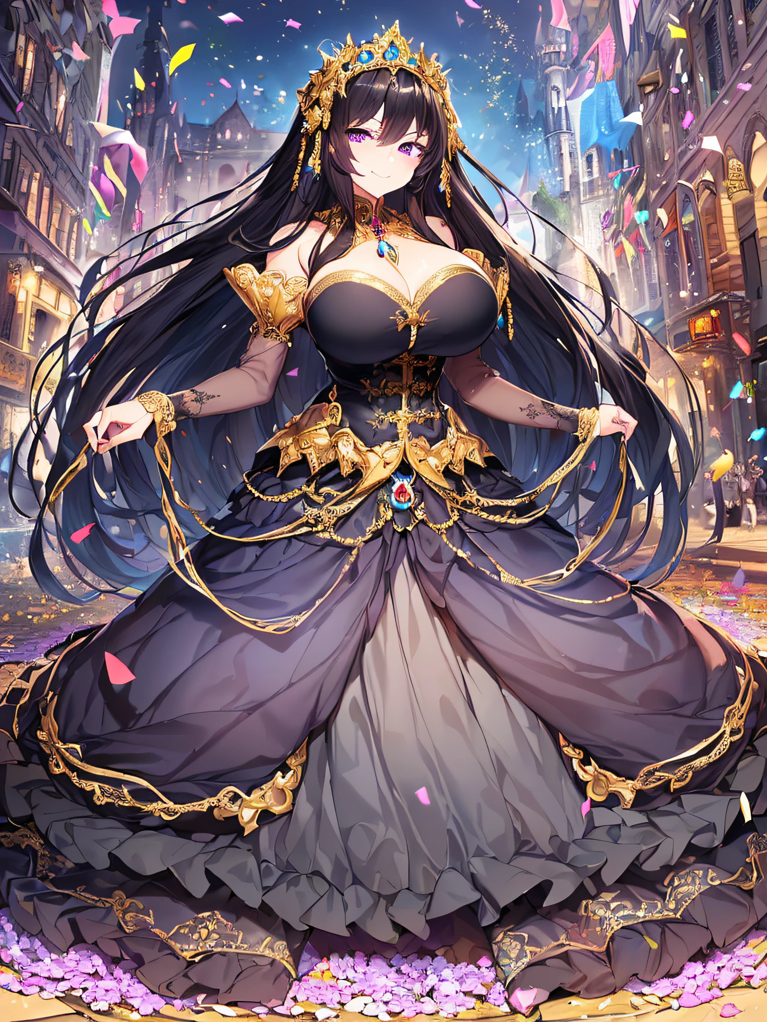 ((anime artstyle)),(Masterpiece),(Best Quality), (Super Detail),((Very Delicate and Beautiful)),(((Solo))),((full body portrait)),((1 arrogant queen in gorgeous black and gold rococo princess ballgown with voluminous full length hoop skirt and gorgeousfull embroidery),((crinoline)),gold trim,Long train,(dominant pose,dominant facial expression),(arrogant,haughty),((arrogant smile,haughty smile)),Sharp eyes,((standing in the square of the castle town,festival)),confetti,sunlight,((outdoor)),medieval main street,gorgeous gemstone jewelry,detailed face and eyes,jewel-like eyes,Purple eyes,(Bangs between eyes),((large amount of straight hair,extremely Long voluminous black Hair)),((gigantic tits,Long tits)),gorgeousfull embroidery,cleavage,extremely gorgeousfull hair ornament,(bling-bling extremely gorgeousfull jeweled tiara),gorgeous corsage,(Dynamic Angle),(Blue sky:0.7),Looking at viewer,confetti flowing,(full body)),((gorgeous black and gold rococo princess ballgown with voluminous full length hoop skirt and gorgeousfull embroidery))