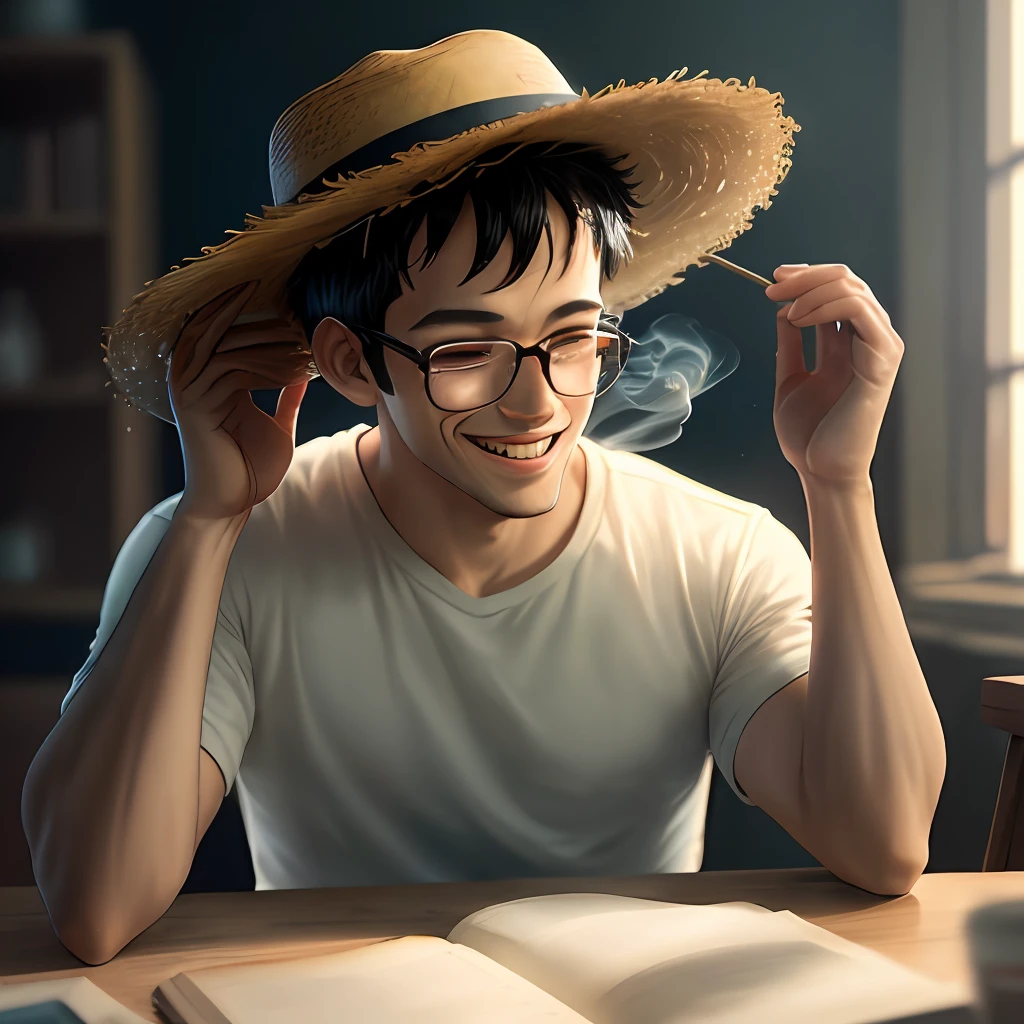 1boy, wanostyle, macaco d luffy, sorrindo, wearing glasses and straw hat, olhando para o espectador, solo, parte superior do corpo, ((obra-prima)), (melhor qualidade), (extremamente detalhado), profundidade de campo, sketchfab, sombras escuras intensas, foco nítido, soft-lighting, hdr, colorido, good composition, smok...