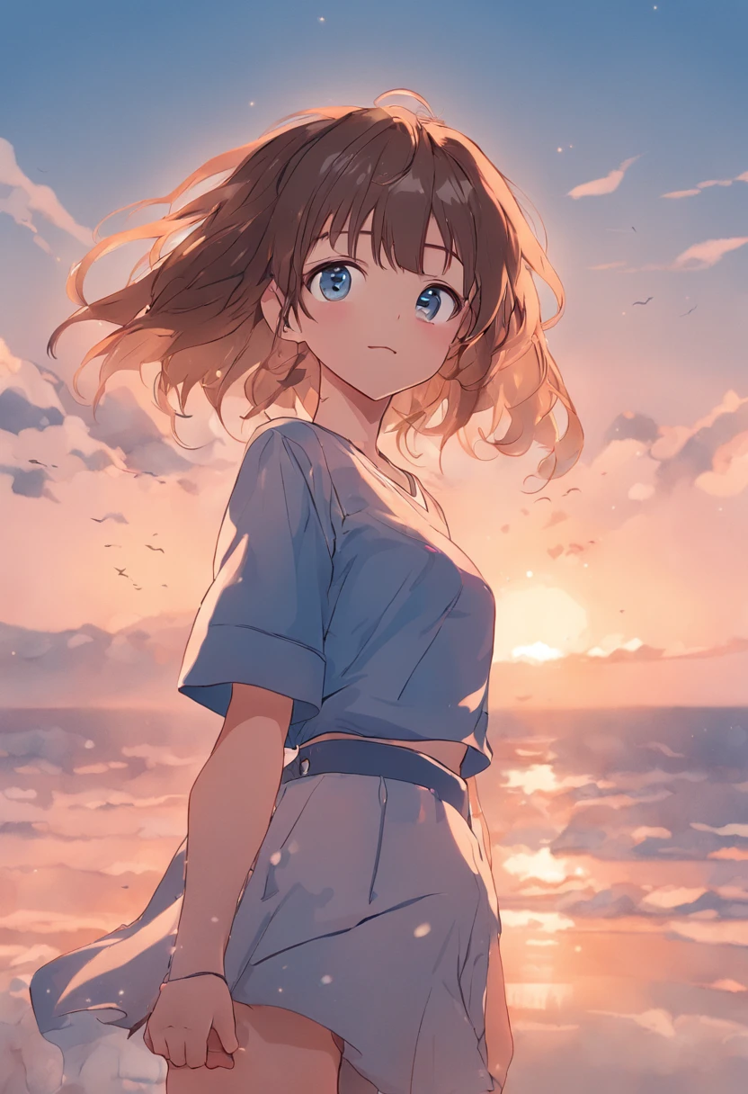 best qualtiy,highly detailed,tmasterpiece,ultra - detailed,(Realistis:1.2),1girll,Full body like,simplebackground,blue sky background,Exquisite eyes on the beach,Brown hair,blue colored eyes,Translucent sports short sleeves,Superskirt,short detailed hair,Emoji smile,