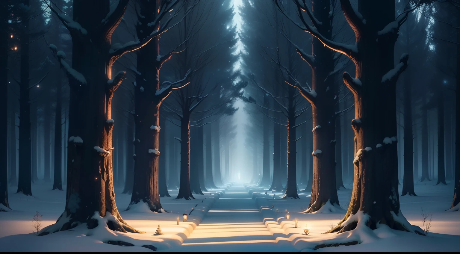 Craft an entrancing image of a magical forest with trees aglow in soft, shimmering lights. The forest should be a realm of wonder, its beauty enhanced by the gentle radiance of the moonlight. Illuminate the scene with a palette of cool and calming colors, creating an atmosphere that invites viewers to immerse themselves in the enchanting tale.