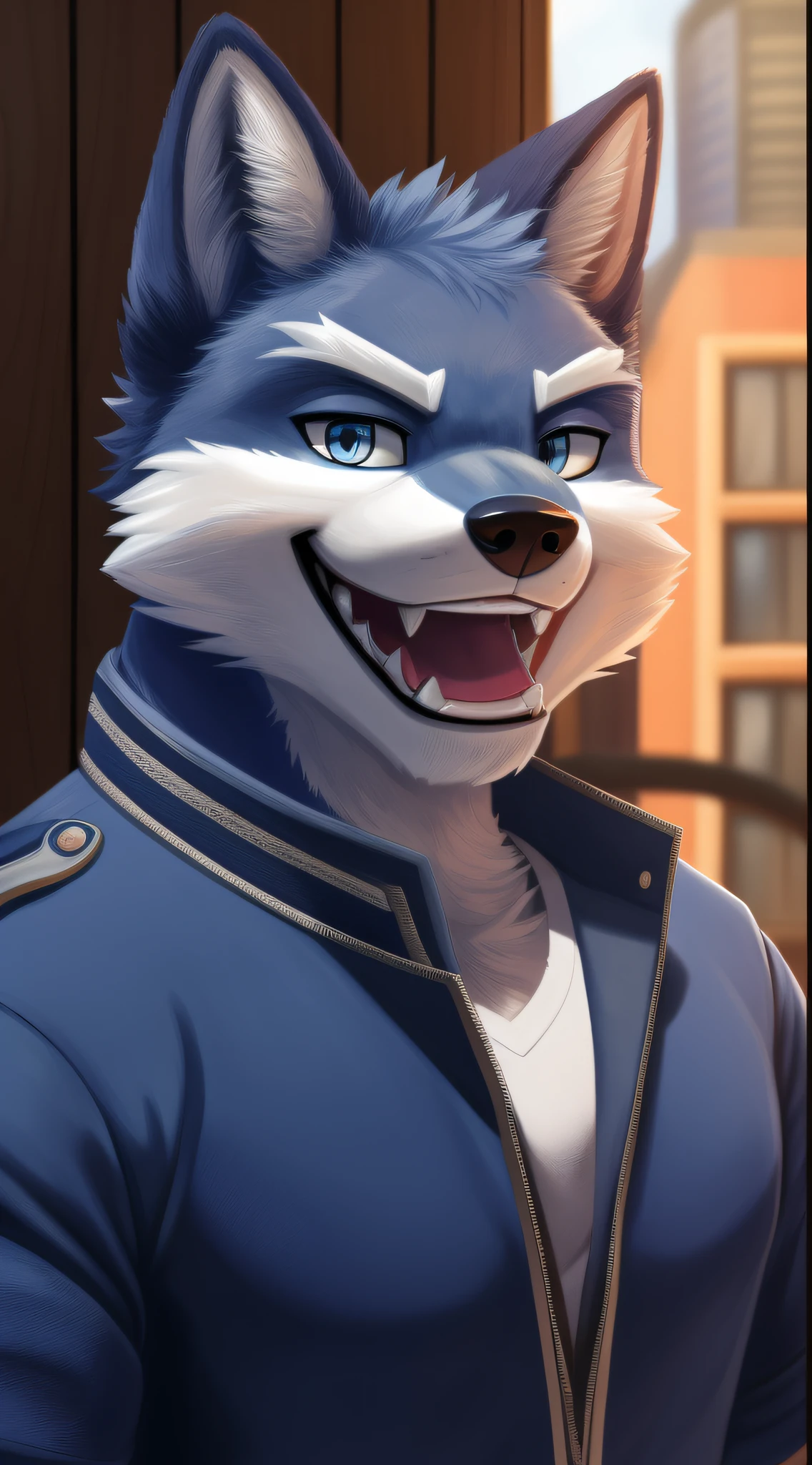 There is a cartoon cat wearing a blue jacket and a white shirt, Furry character portrait, sly smile, male anthropomorphic wolf, cute weasel fursona portrait, Commission for High Res, den wolf face, furry pov art, Portrait of a fox den, furry character, den portrait, sly expression, smug smile, a den wolf